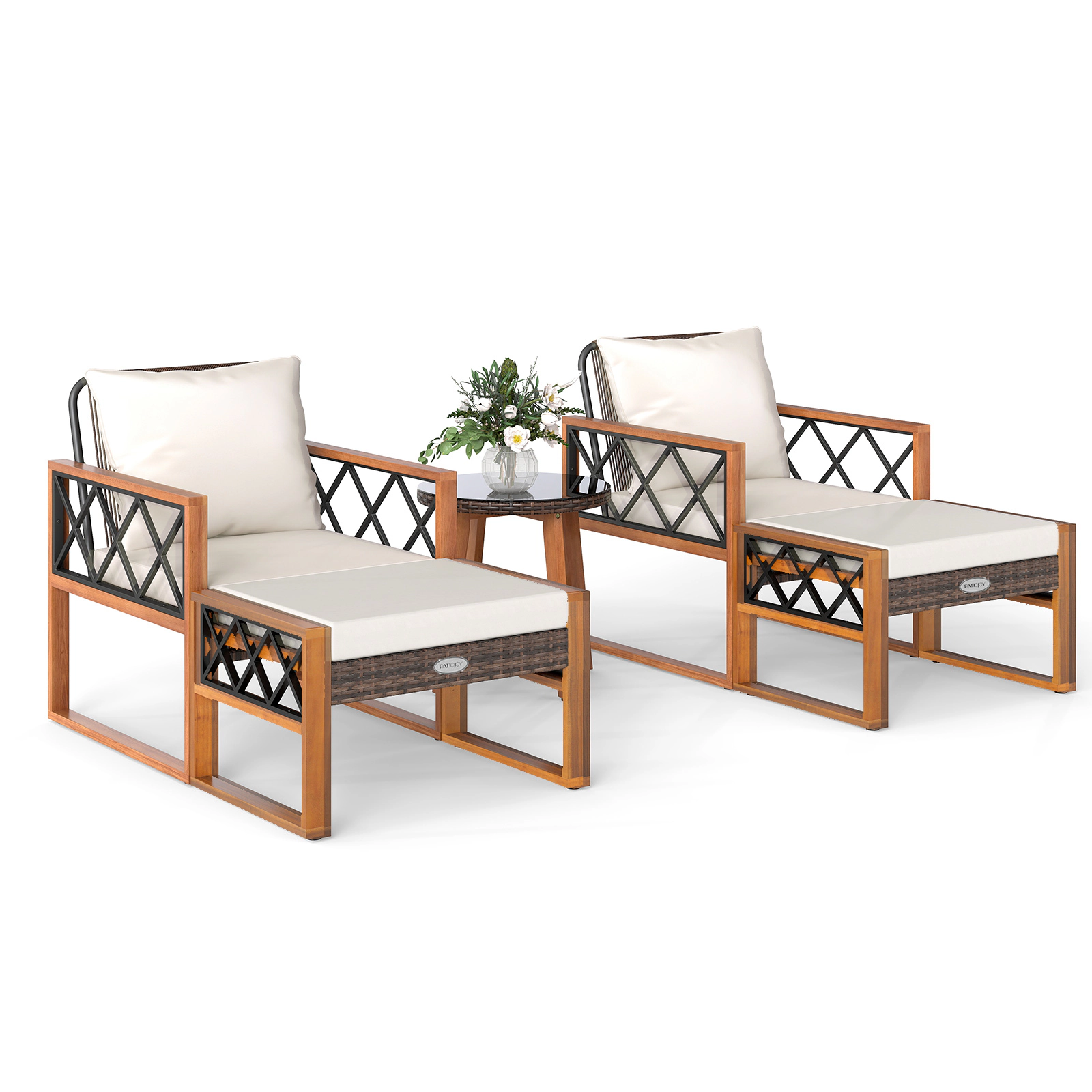 LJG 5 Pieces Patio Furniture Set PE Rattan Outdoor Conversation Set with Acacia Wood