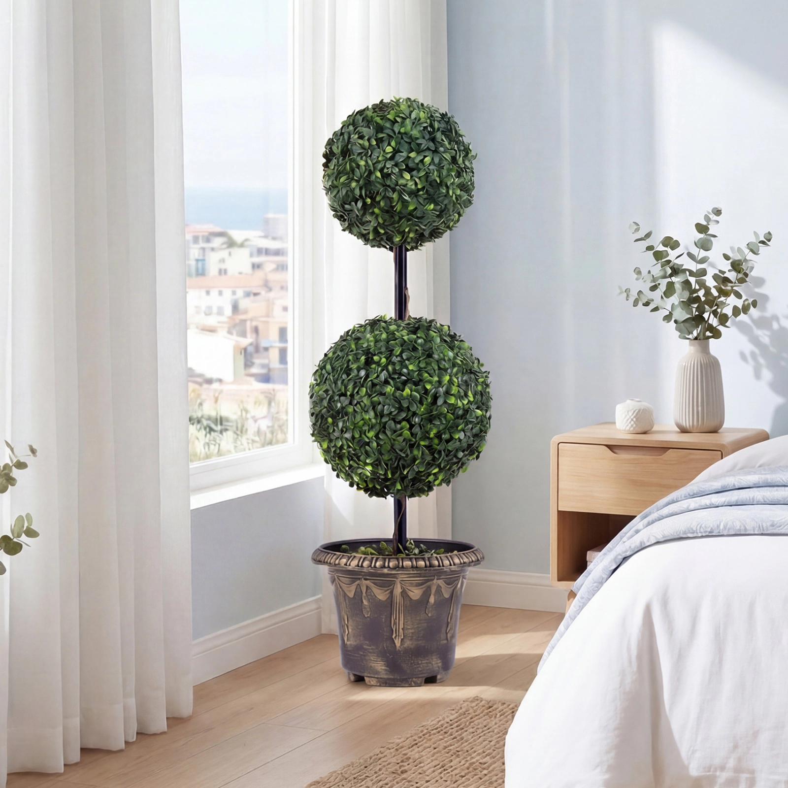 SUGIFT Artificial Double Ball Boxwood Topiary Tree with Gradient Leaves and Metal Trunks 1-Pc Green Black Golden