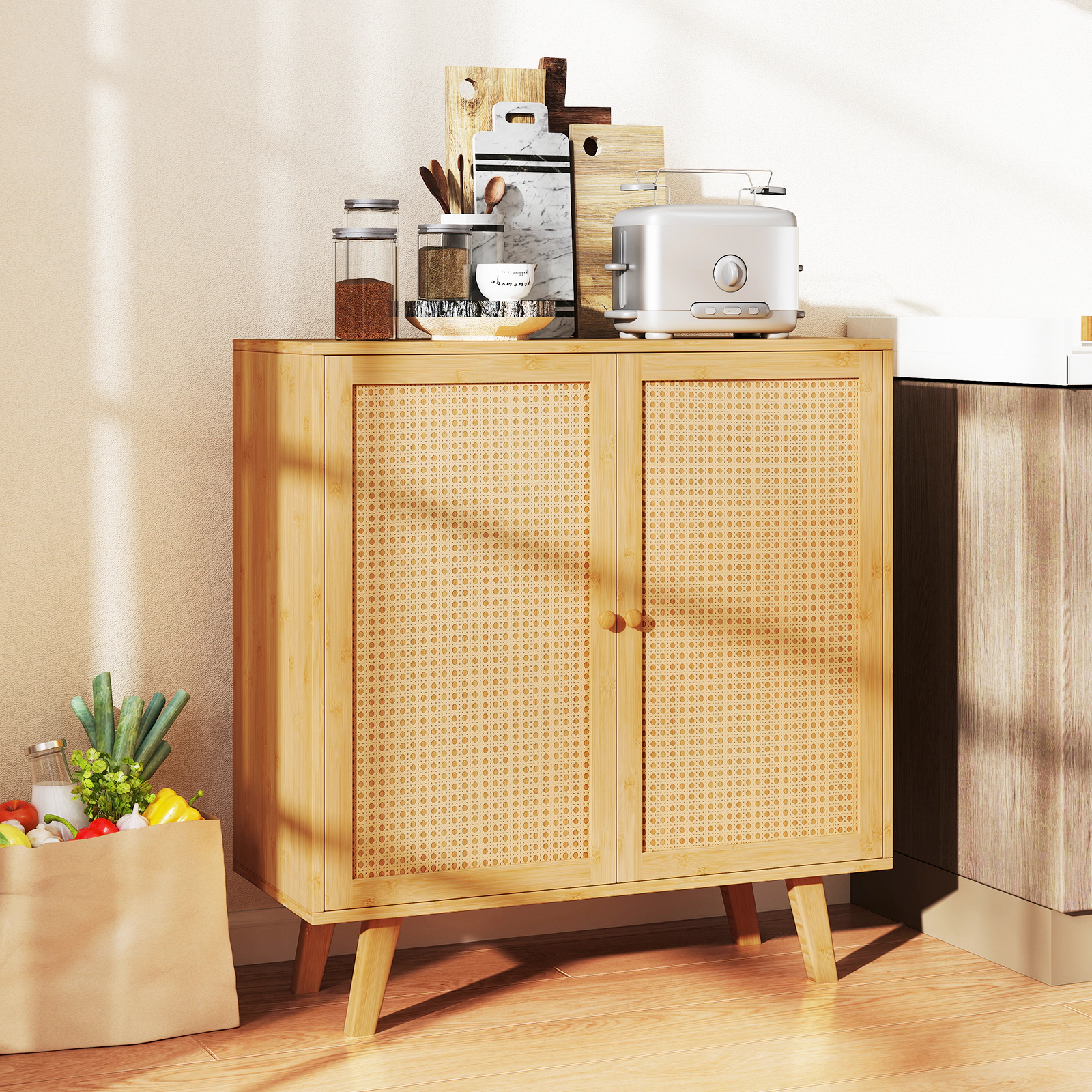 SUGIFT 31.5-in Natural Bamboo Buffet Cabinet with PE Rattan Doors and Shelf Freestanding Kitchen Cupboard
