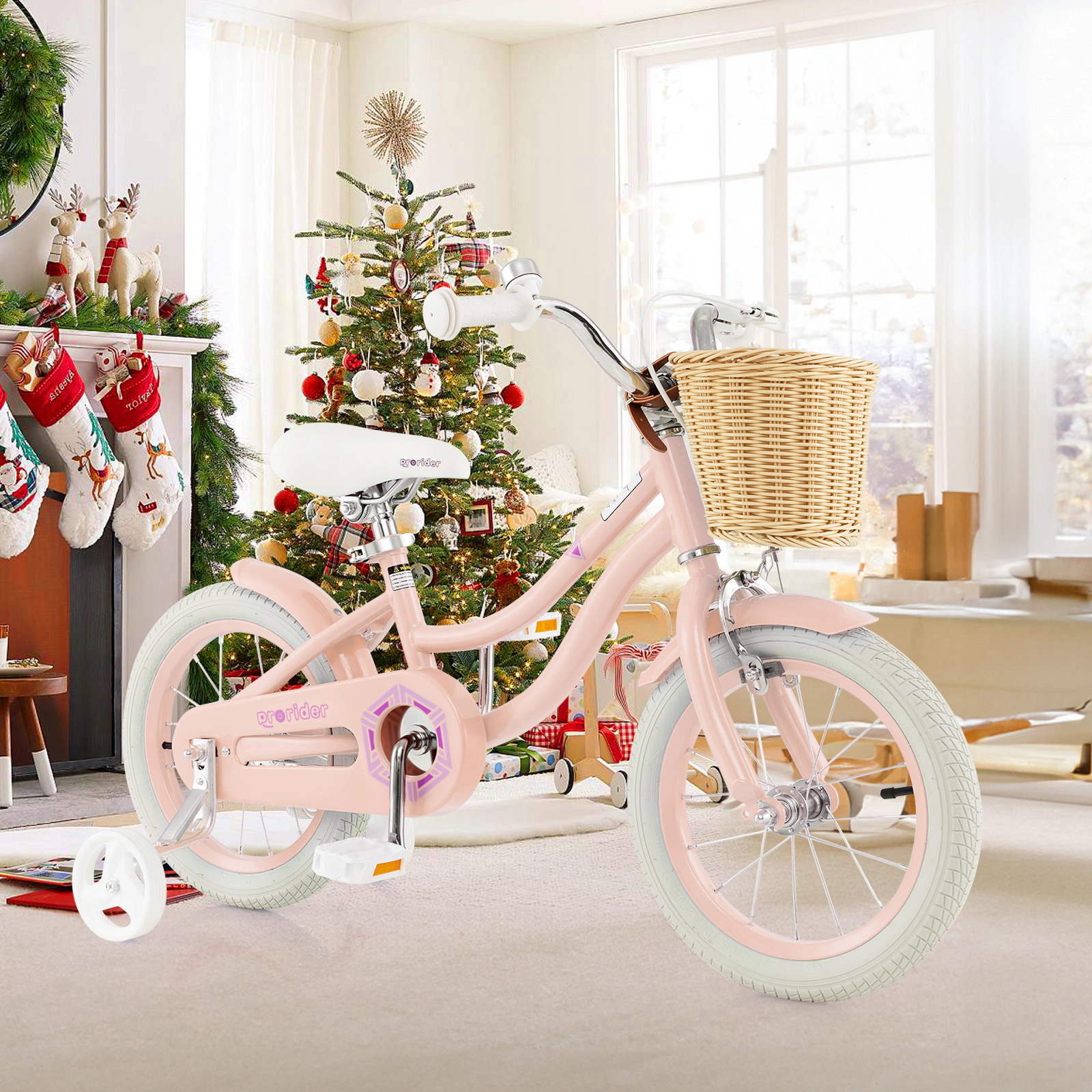 14-in Kids Bicycle Training Wheels Front Basket Adjustable Handlebar 85% Pre-Assembled Carbon Steel Bike Ages 3-5 Pink