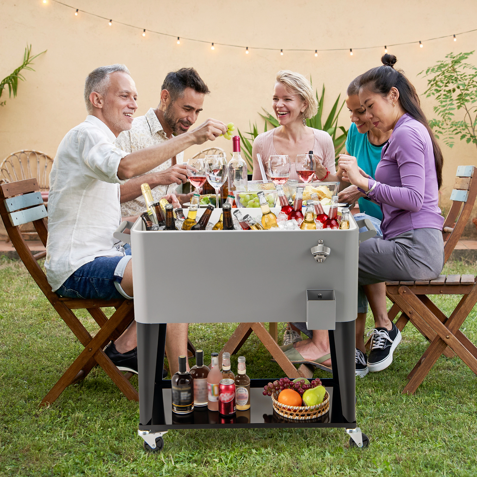 SUGIFT 80-qt Gray Rolling Cooler Cart Ice Chest with Bottom Storage Shelf Bottle Opener and Cap Catcher