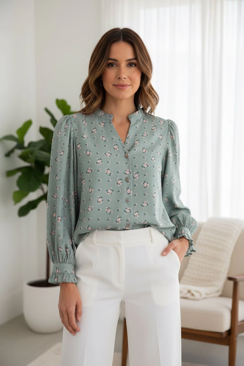 DressAtR Women's Boho Bell Sleeve V Neck Button Front Blouse