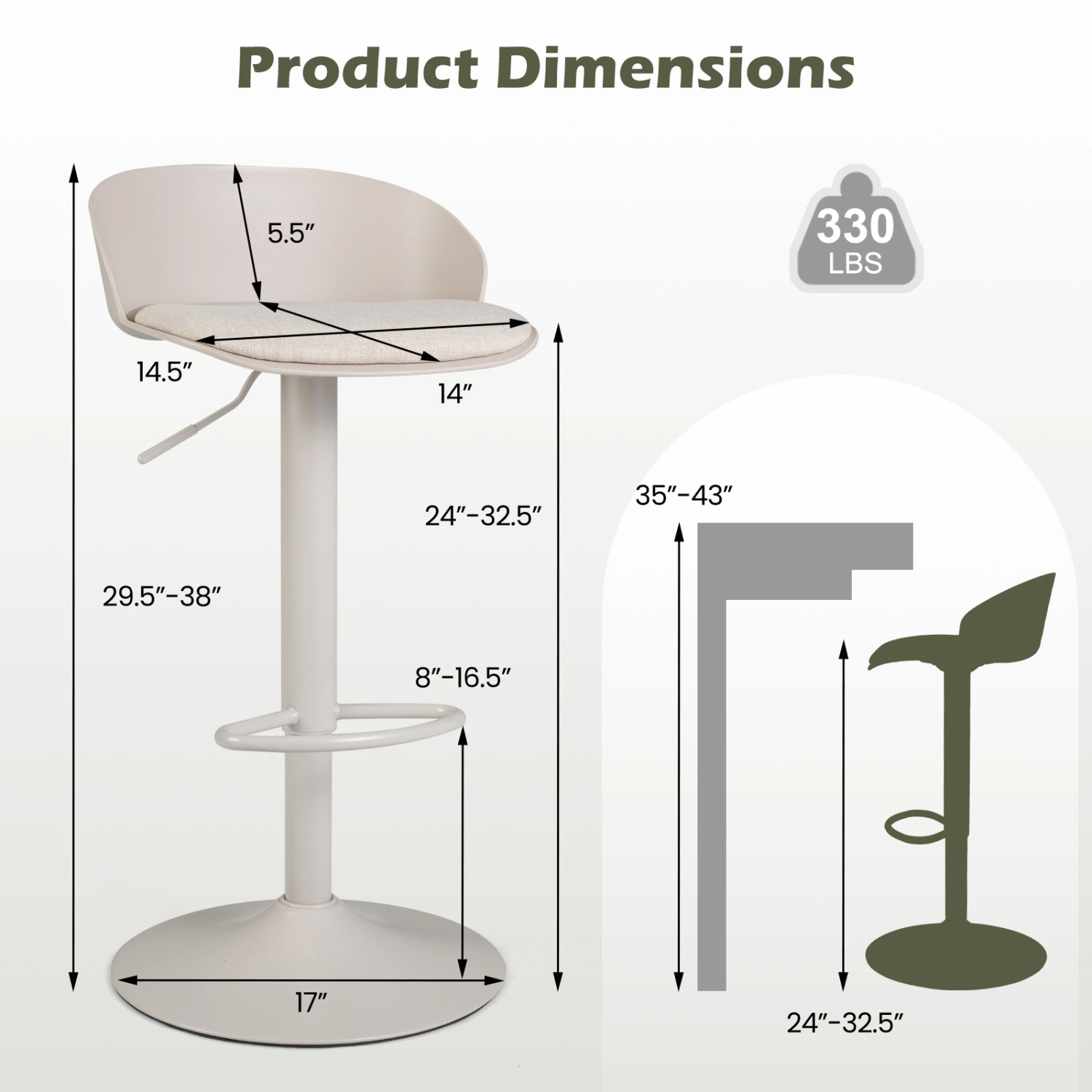 LJG Set of Adjustable Swivel Bar Stools with Back & Footrest 330 LBS for Dining