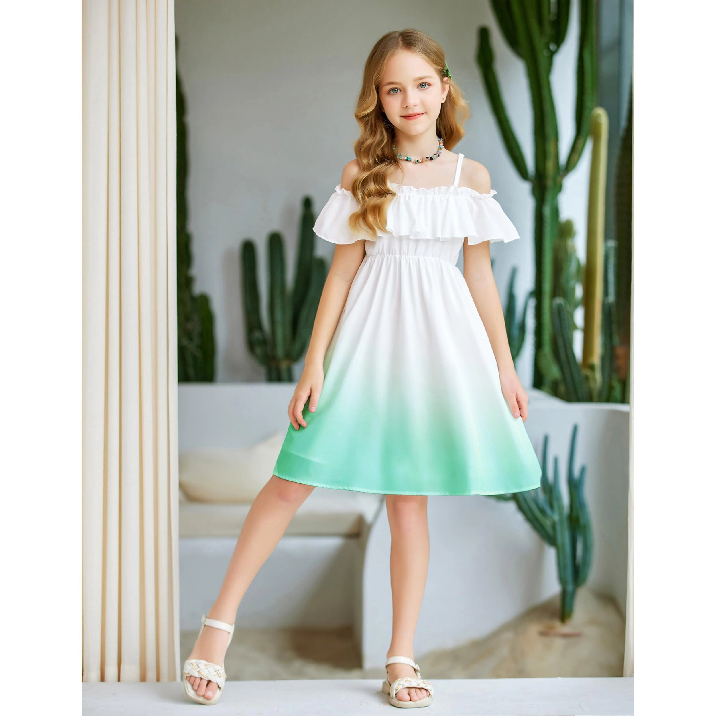 Arshiner Girls Summer Ruffle Sundress Cold Shoulder Casual Holiday Dresses