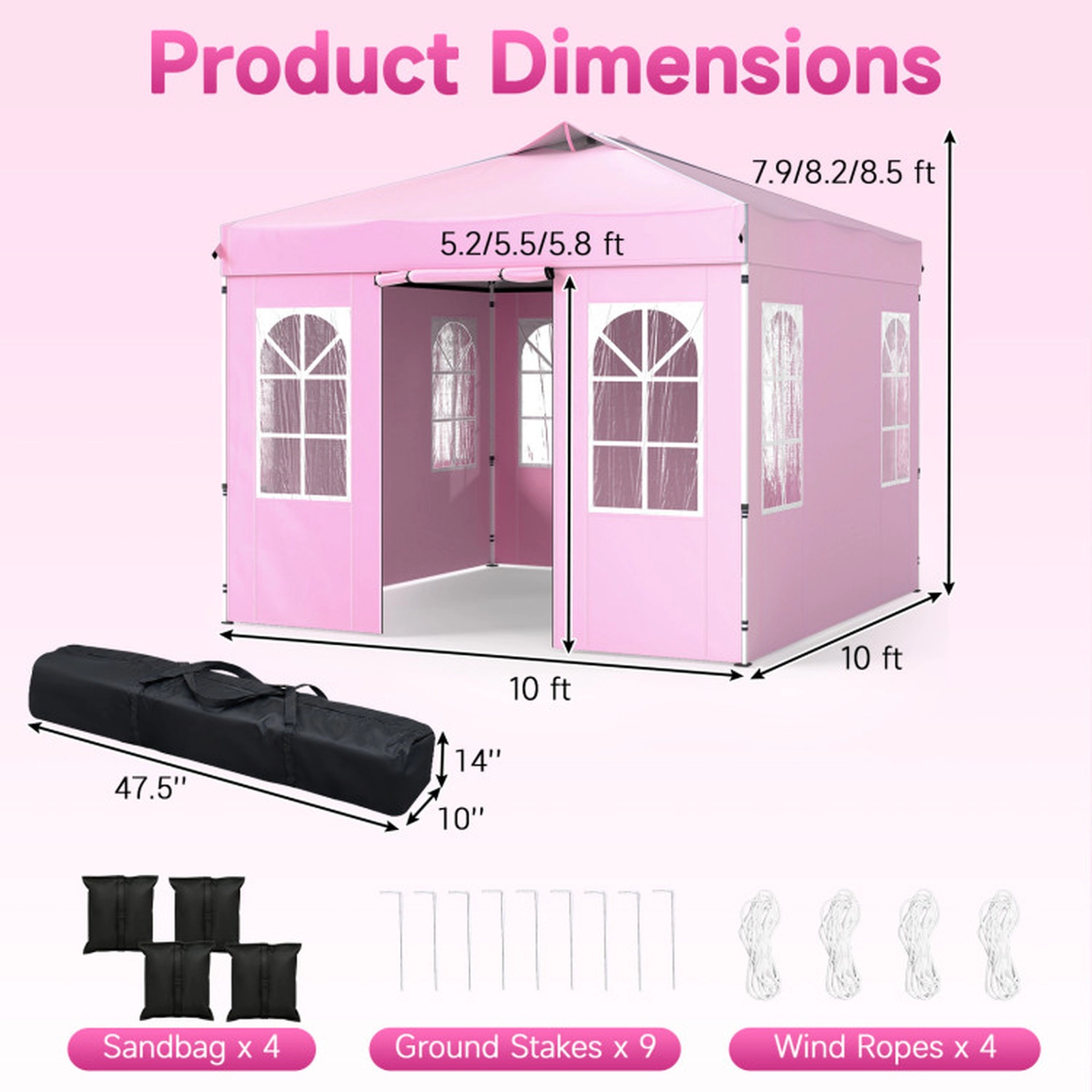 SUGIFT Pop Up Canopy Tent with 4 Sidewalls Adjustable Height Waterproof 10 x 10-ft Pink