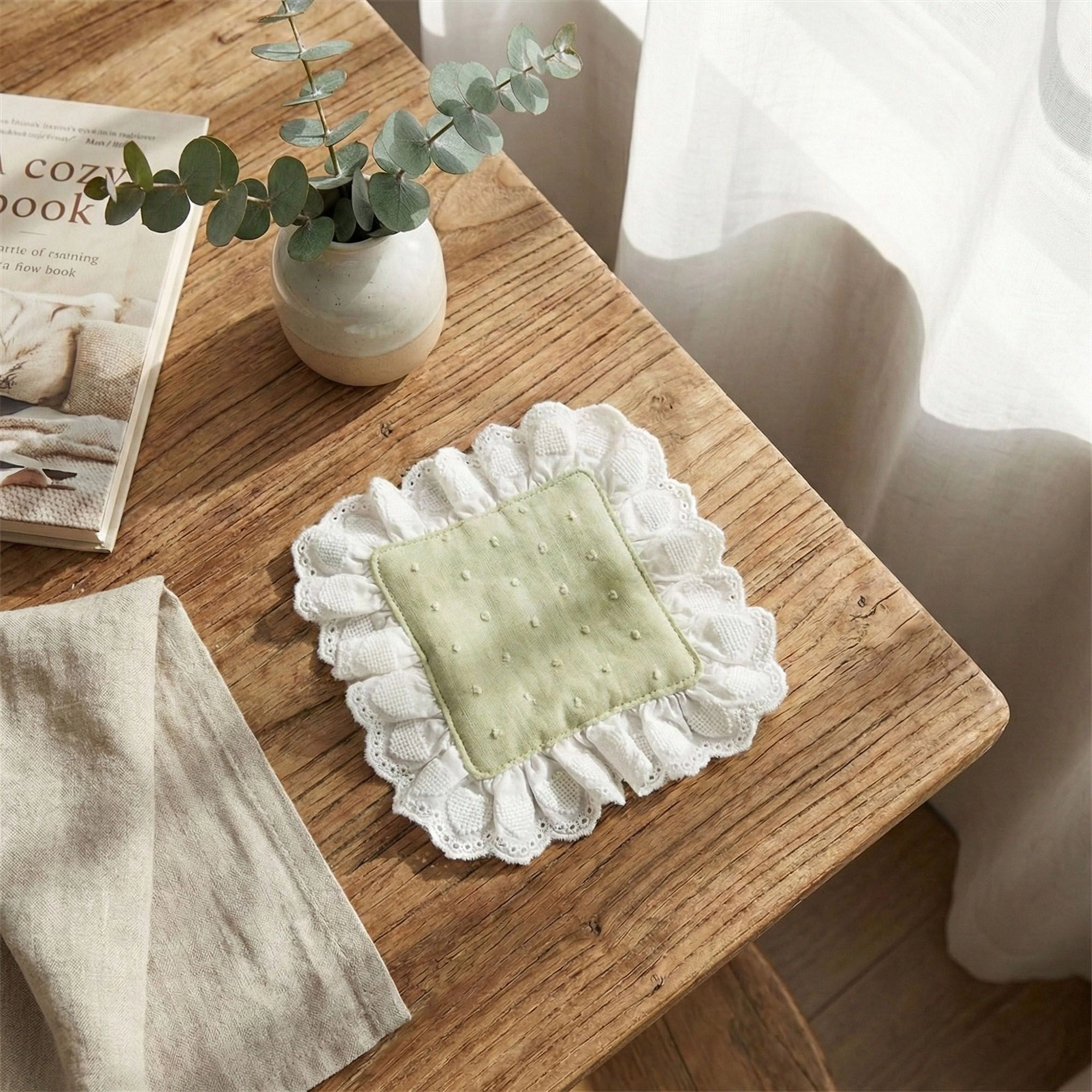 Alilang Unisex 2-PC Lace Trim Square Fabric Cup Coaster with Soft Padded Center and Embroidered Detail