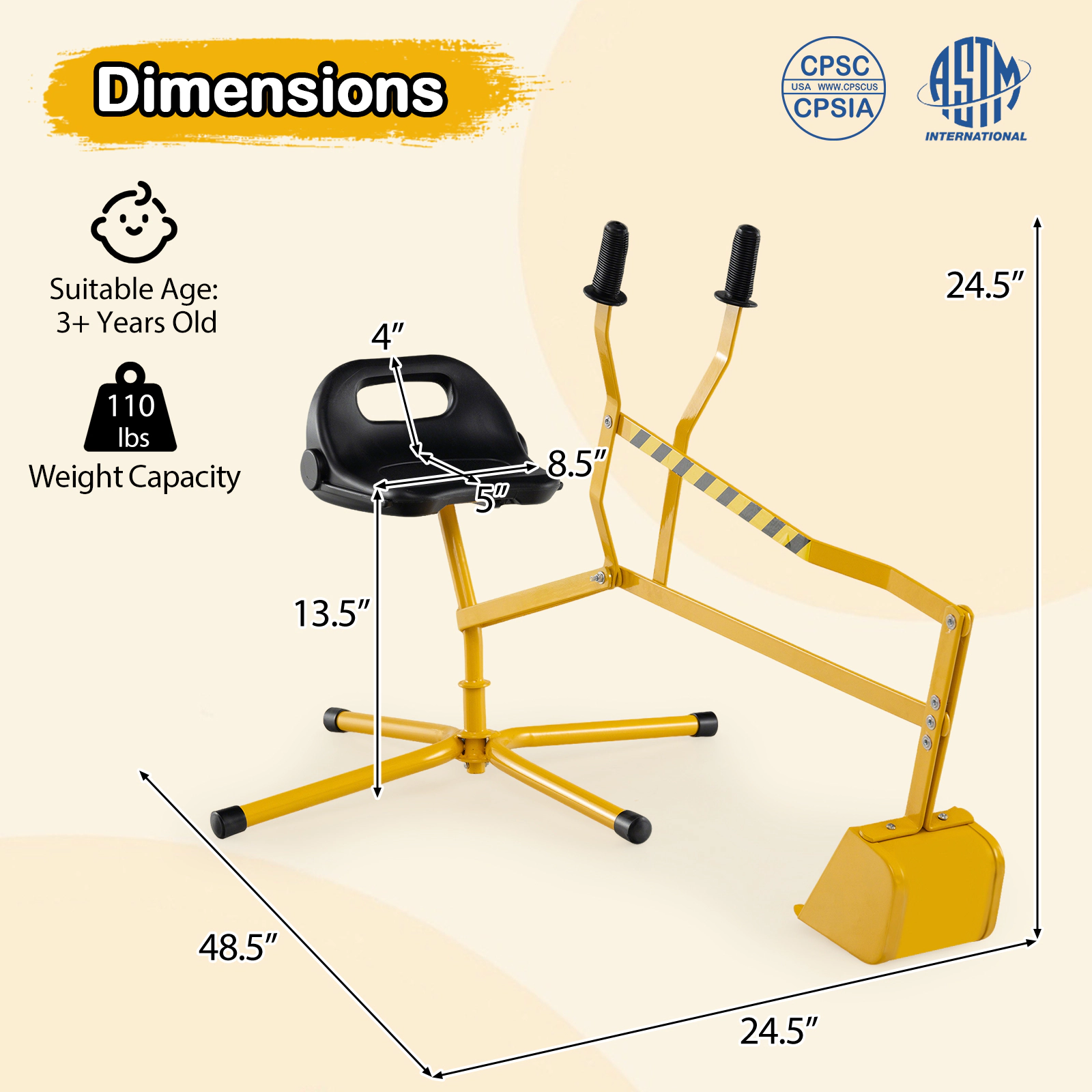 Kids Sand Digger Excavator Toy Criss-Cross Base 2-Handed Shovel Levers 360-Degree Seat 110-lb Limit Ages 3+ Yellow