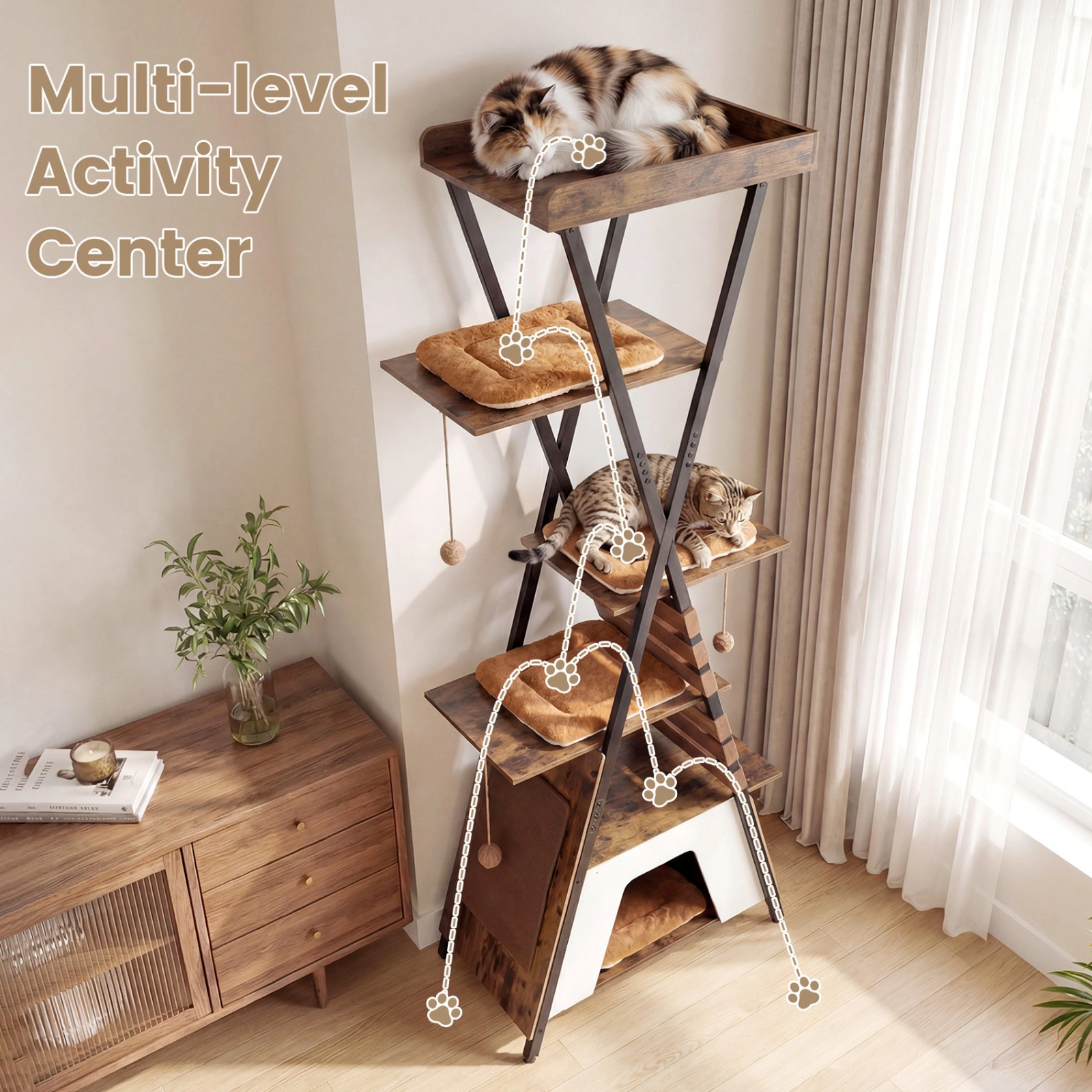 SUGIFT Rustic Brown X-Frame Metal Base and 27 in Condo 73 in Cat Tree