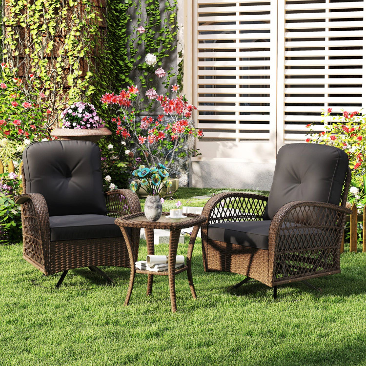 Hivvago 3 Piece Patio Swivel Rocker Set With Tempered Glass Side Table And Thick Cushions