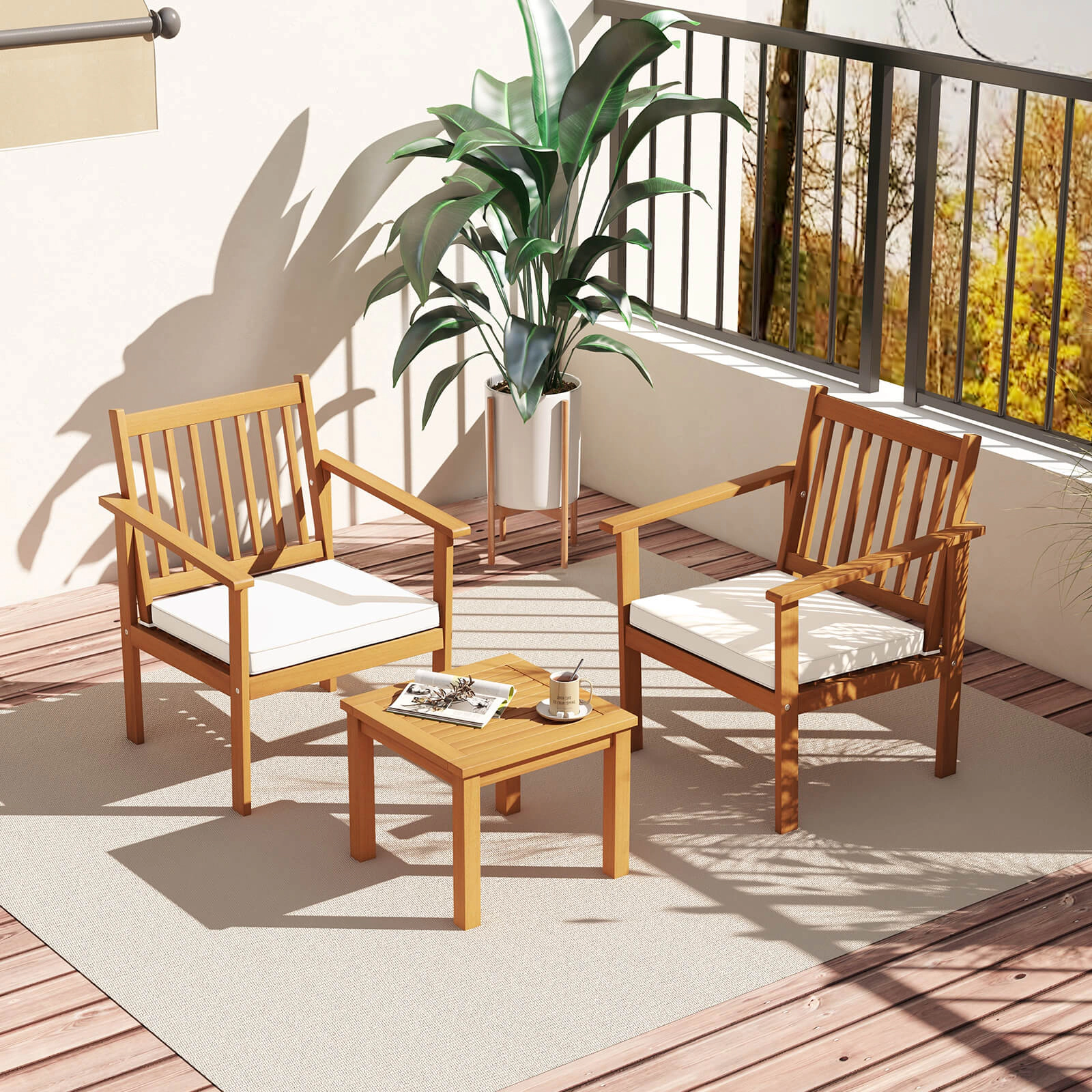 LJG 3 Pieces Patio Wood Furniture Set with Soft Cushions for Porch