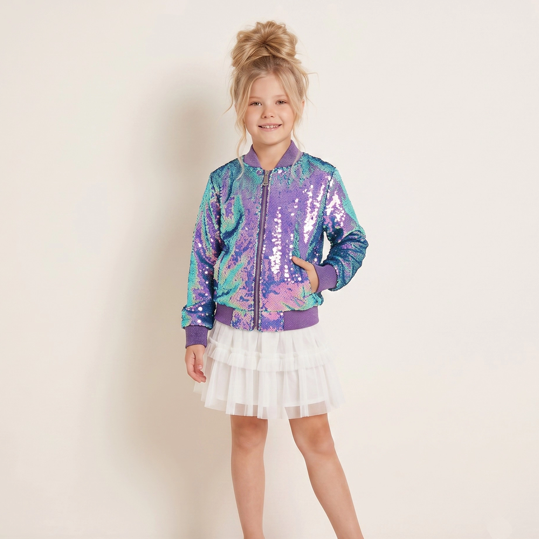 2Bunnies Girls' Mermaid Iridescent Sequin Bomber Jacket
