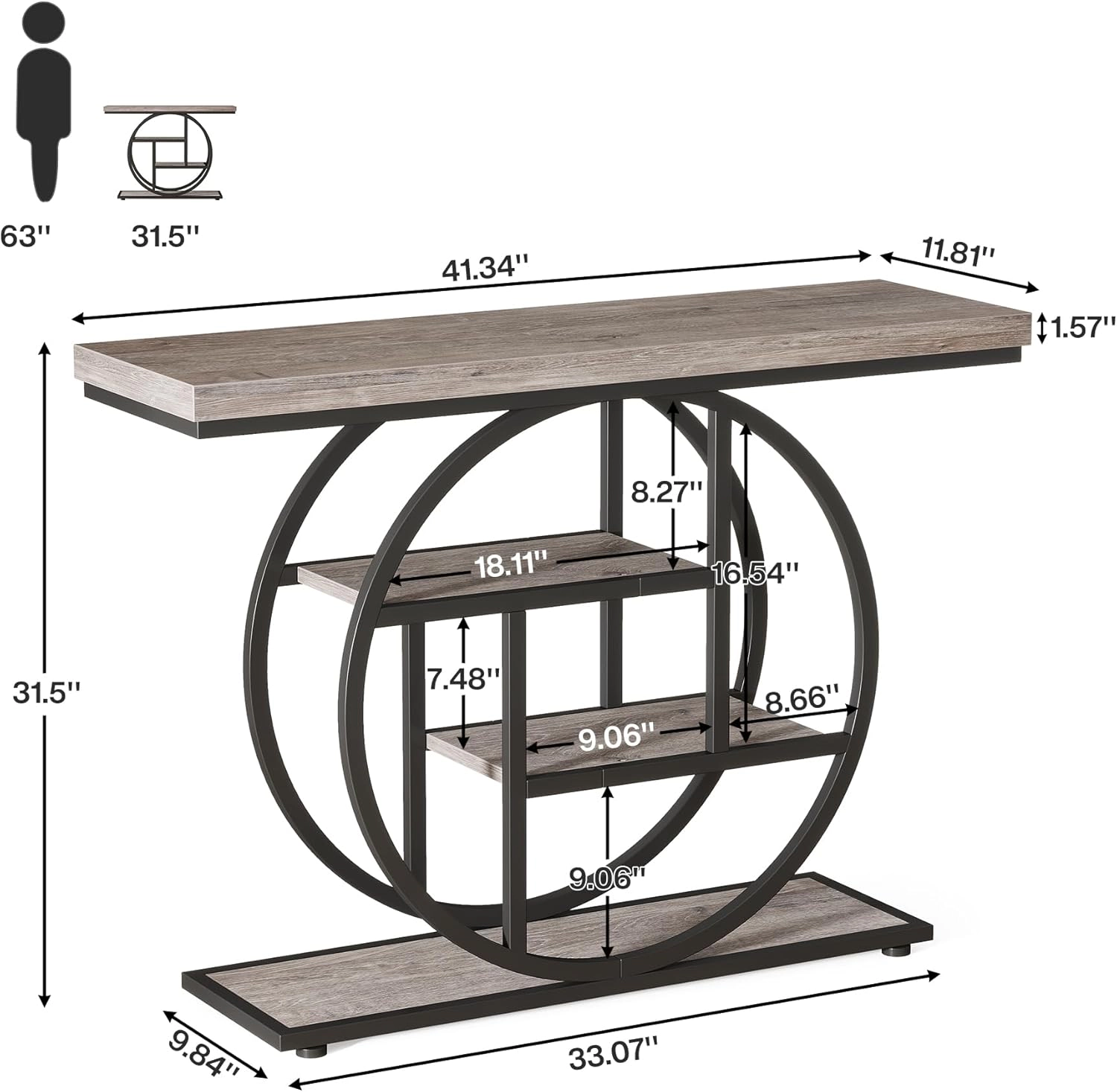 Tribesigns 41.3" Console Table, Industrial 4-Tier Sofa Entryway Table with Circle Base