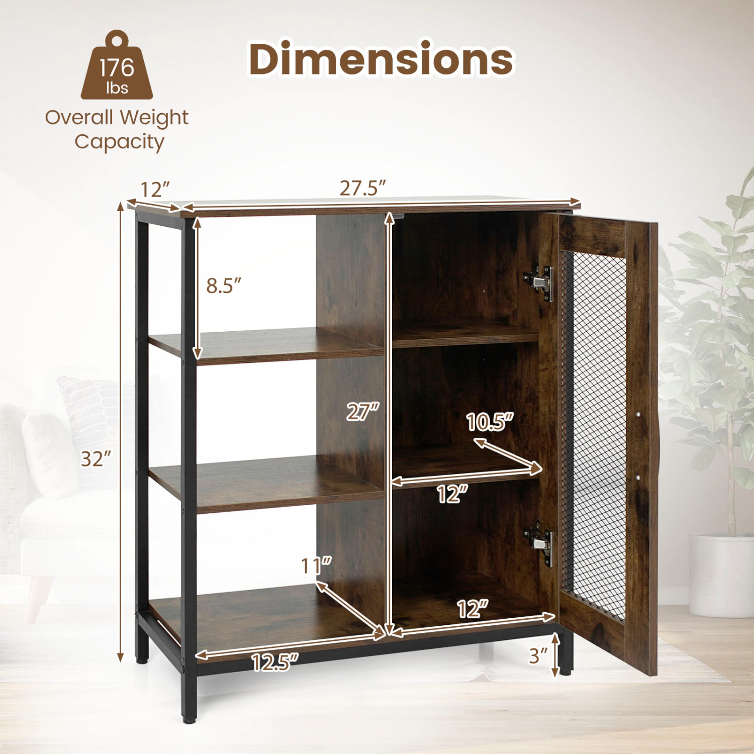 Glintex Industrial Side Cabinet with Metal Mesh Door and 3-Position Adjustable Shelves