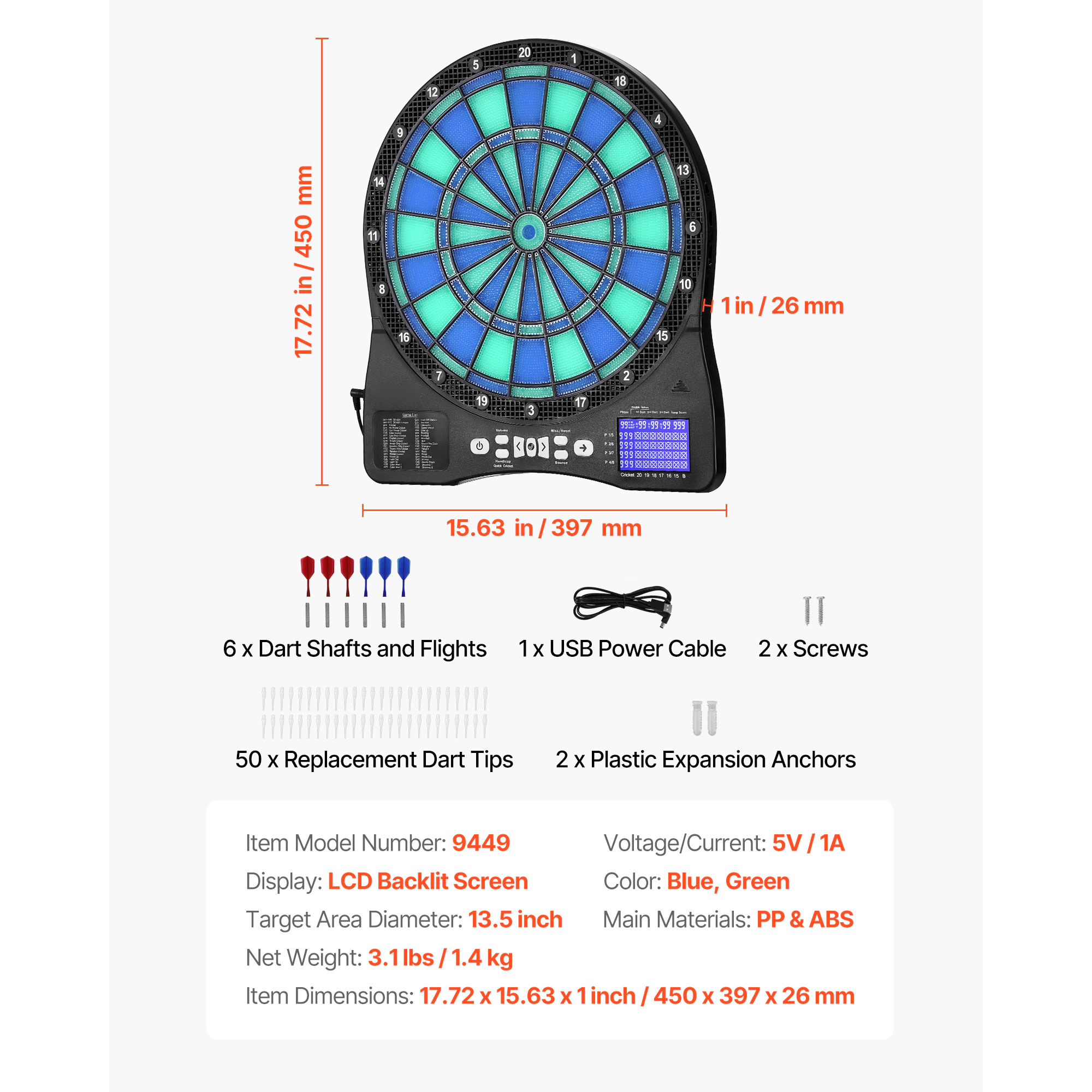 HONGGE 13.5-Inch Electronic Dart Board with LED-Lit Target and LCD Scoring Screen, 48 Games for 8 Players