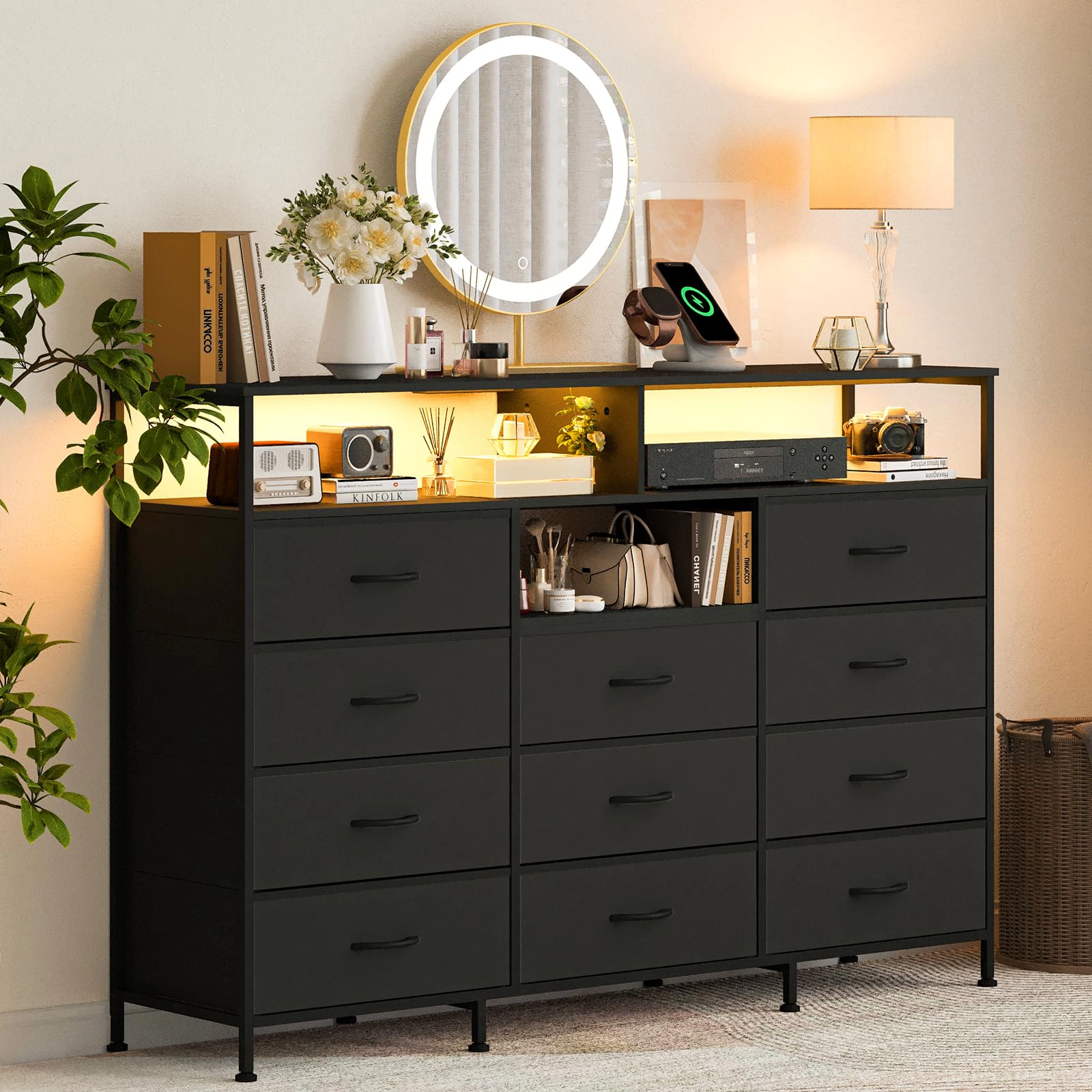 55.1" 11 Drawer Fabric Dresser with LED Lights, Power Outlet & Open Shelves