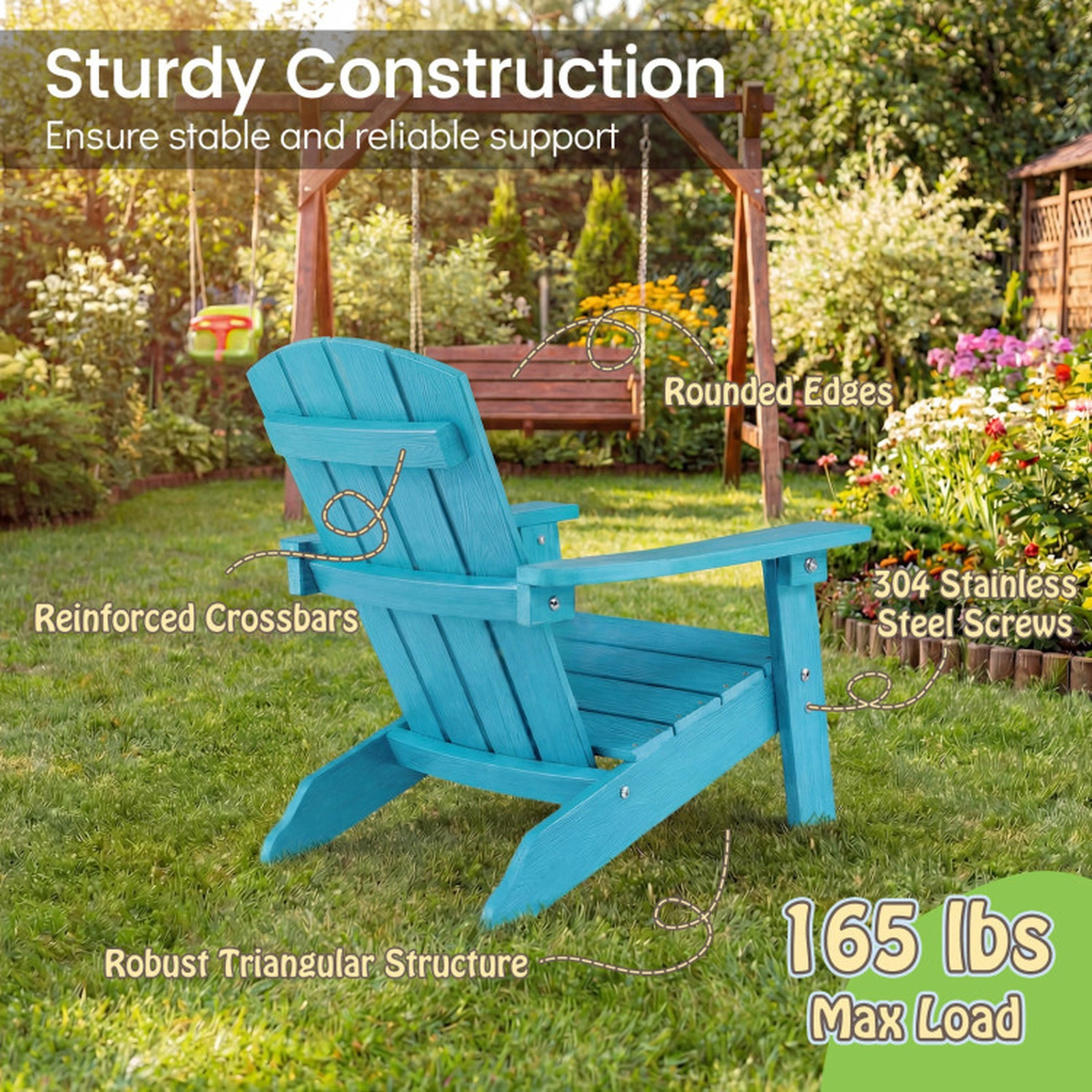 SUGIFT Turquoise HIPS Kids Adirondack Chair with High Backrest and Wide Armrests 22-in W 20-in D 22-in H