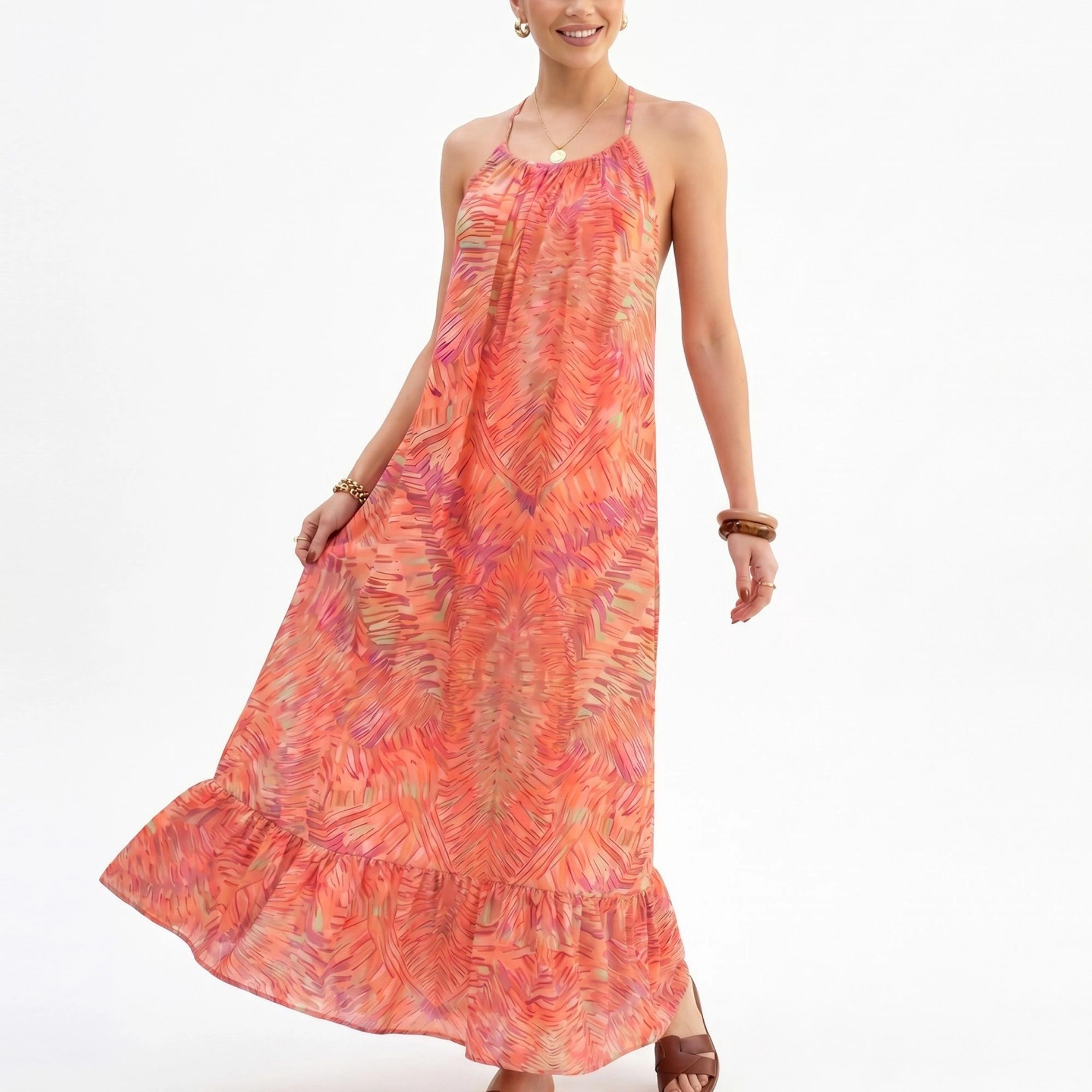 Anna-Kaci Women's Halter Open Back Tie Ruffle Hem Maxi Dress