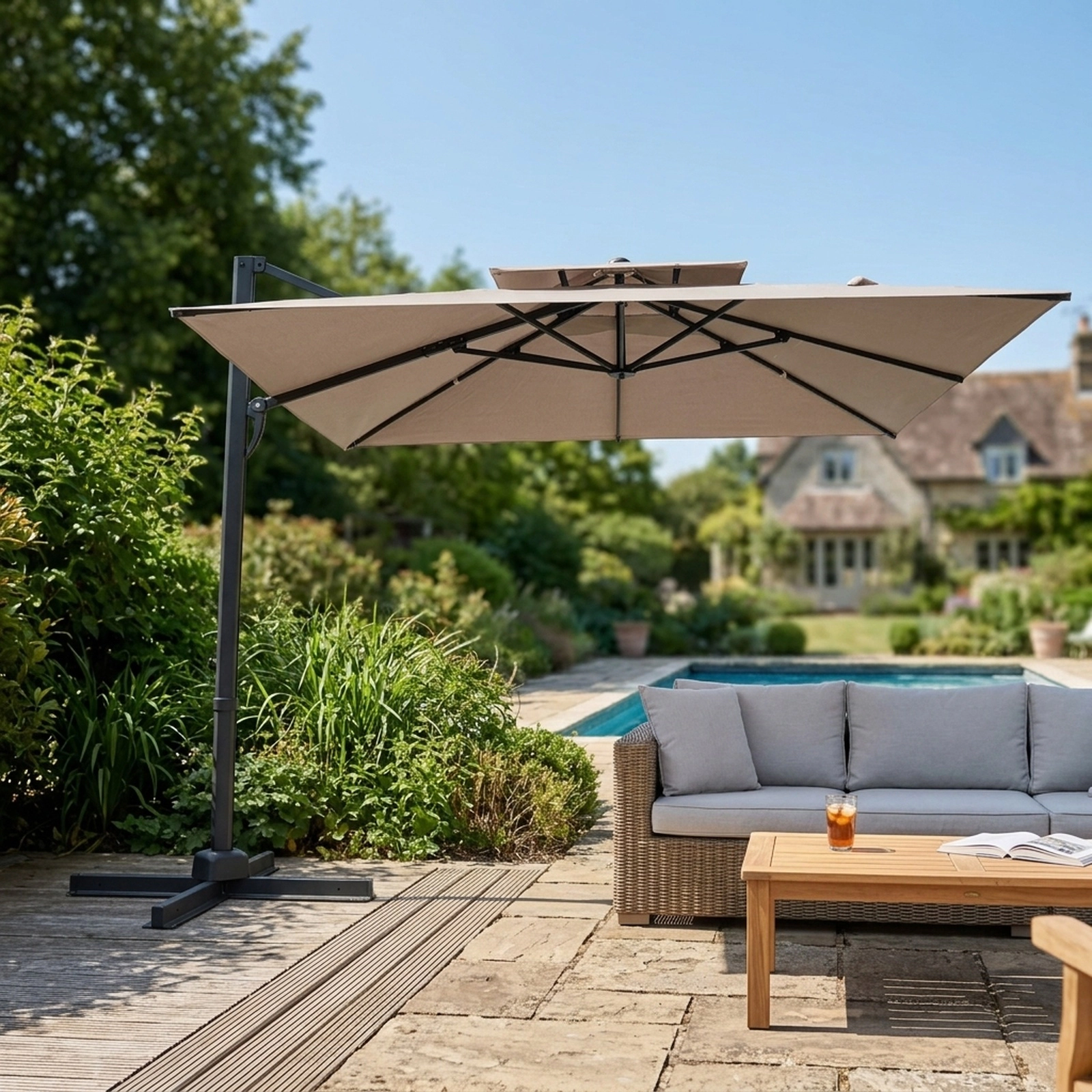 SUGIFT 10 ft Cantilever Patio Umbrella with 9 Height and Foot Pedal Rotation