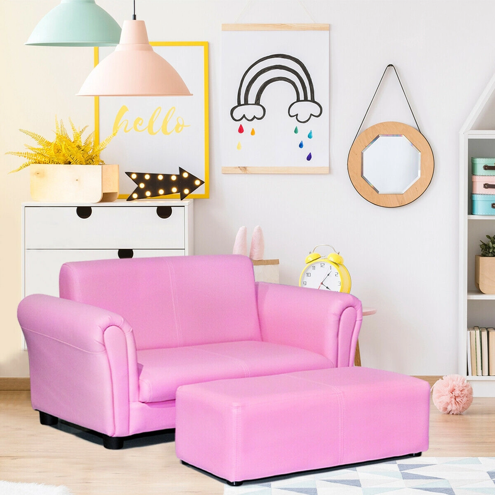 SUGIFT Kids Double Sofa Pink with Matching Ottoman and Wood Frame
