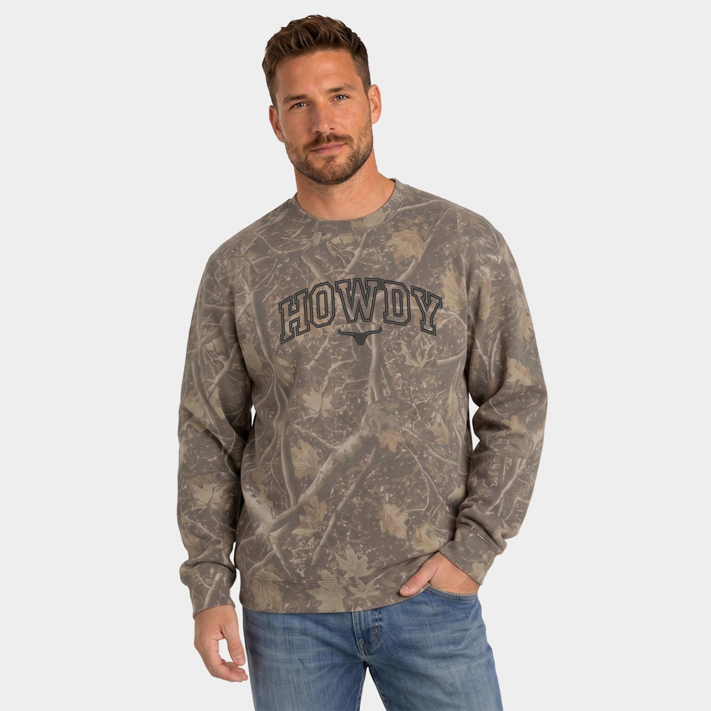 Simply Sage Market - Men's Camo Sweatshirt Embroidered Howdy Bull Varsity