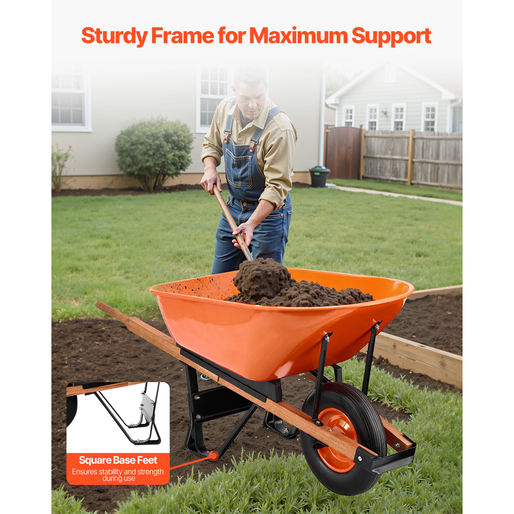 HONGGE Wheelbarrow Cart, Garden Dump Cart Wheel Barrow with Metal Handle & 16 Track Wheels