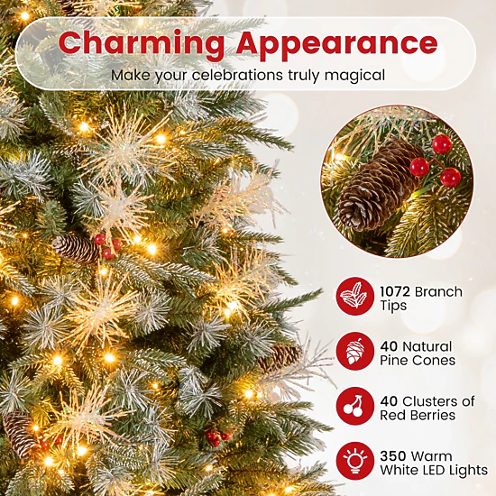 SUGIFT 7-ft Green Pre-Lit Artificial Christmas Tree with 350 LEDs 1072 Snow-Tipped Branches and Pine Cones