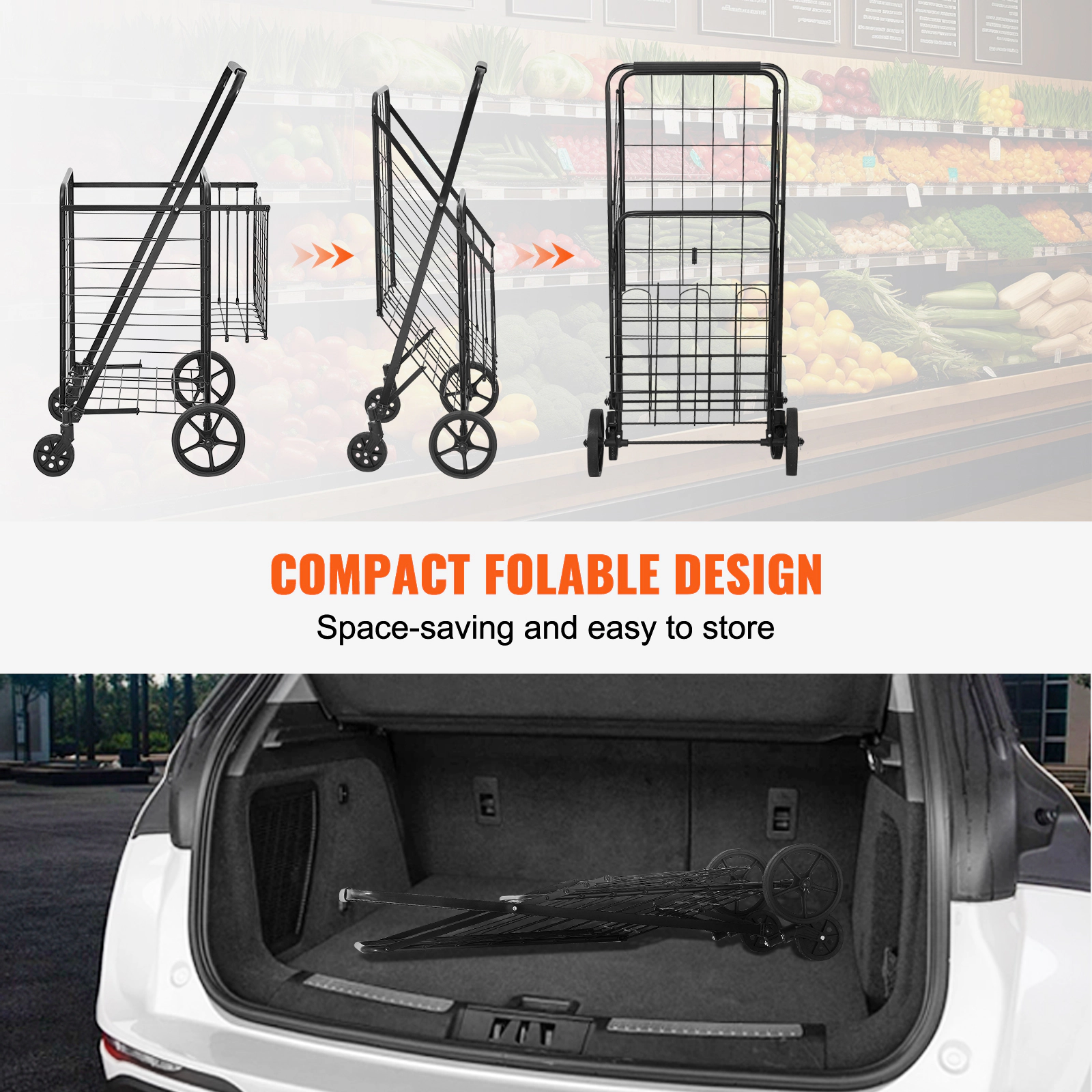 HONGGE Folding Utility Cart with Dual Baskets, 360° Swivel Wheels, 110 Lbs Capacity Rolling Laundry & Grocery Hamper
