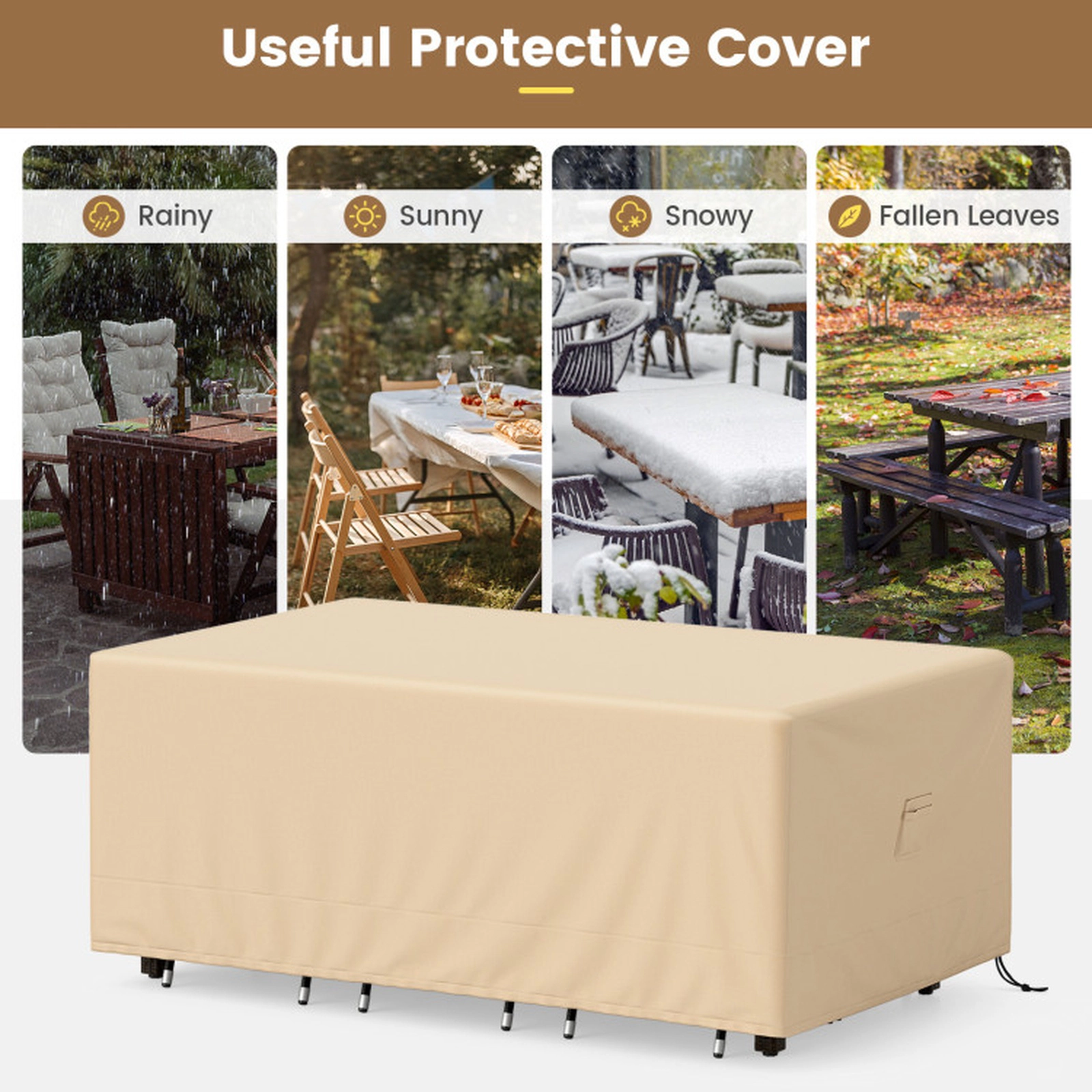SUGIFT Beige Patio Table and Chair Set Cover with Padded Handle and Click-Close Straps 90-in W 50-in D 32-in H