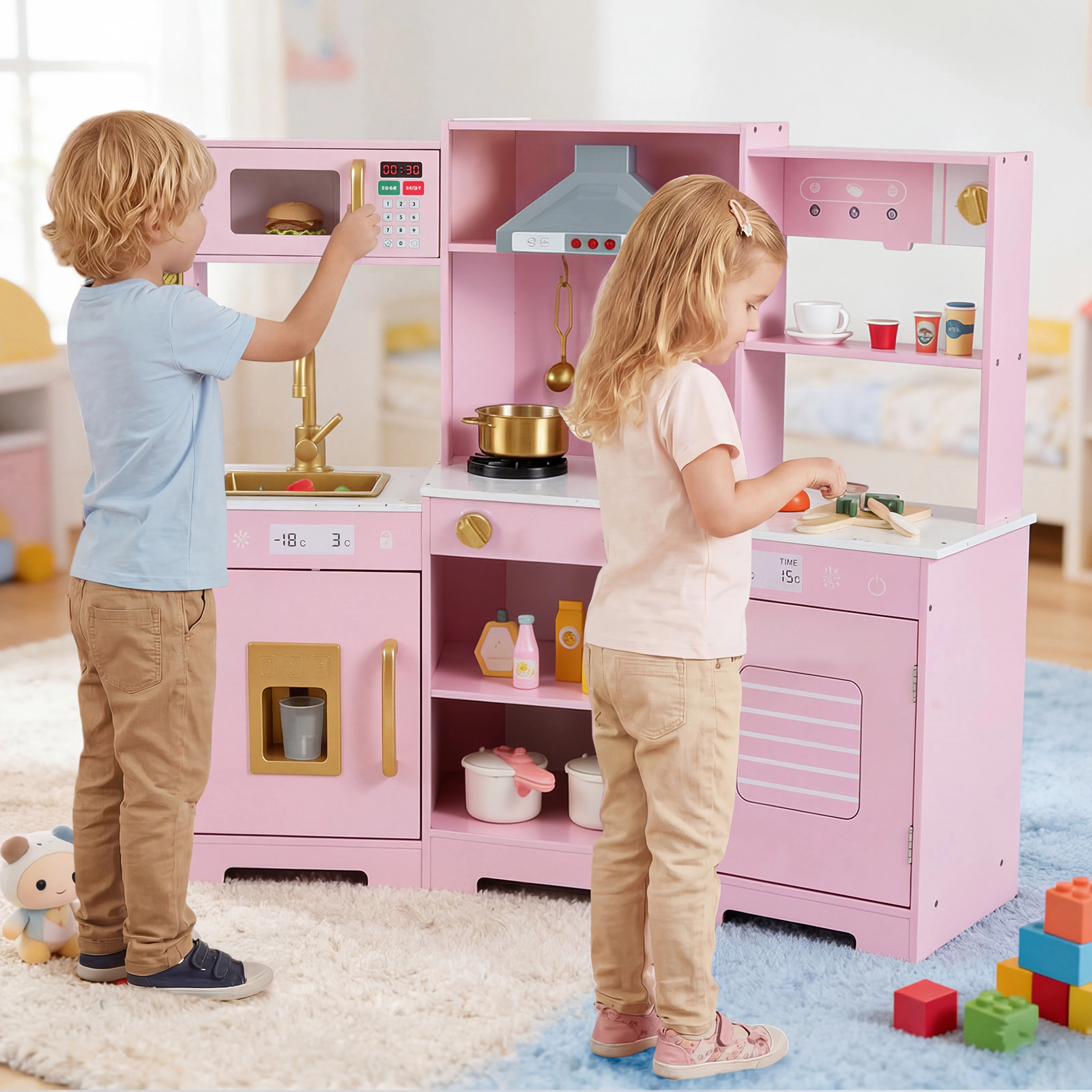 SUGIFT Pretend Play Kitchen Wooden Toy Set with Range Hood Real Sounds and Lights Pretend Kitchen Ages 3+ Brown/White