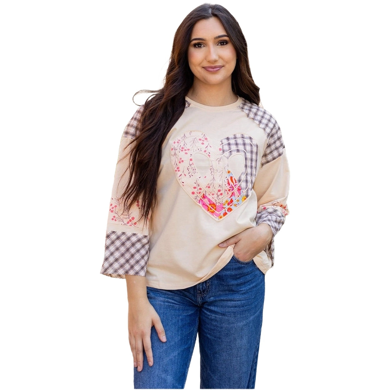 Sol Living Womens Plaid Floral Peace Heart Graphic Wide Long Sleeve Top