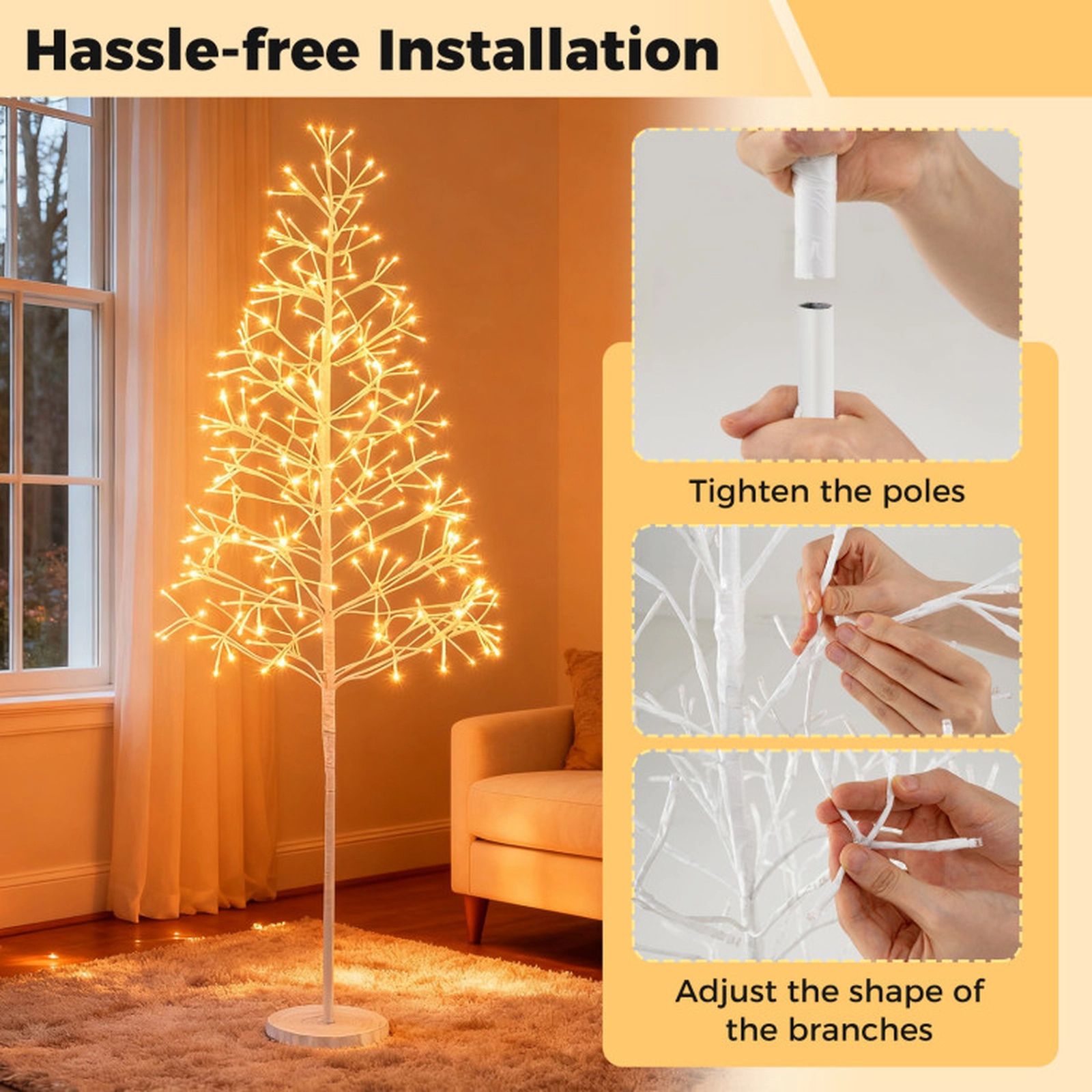 SUGIFT Lighted Birch Twig Christmas Tree with 240 LED Lights 5-ft Tall Metal PVC Frame Weighted Cement Base White