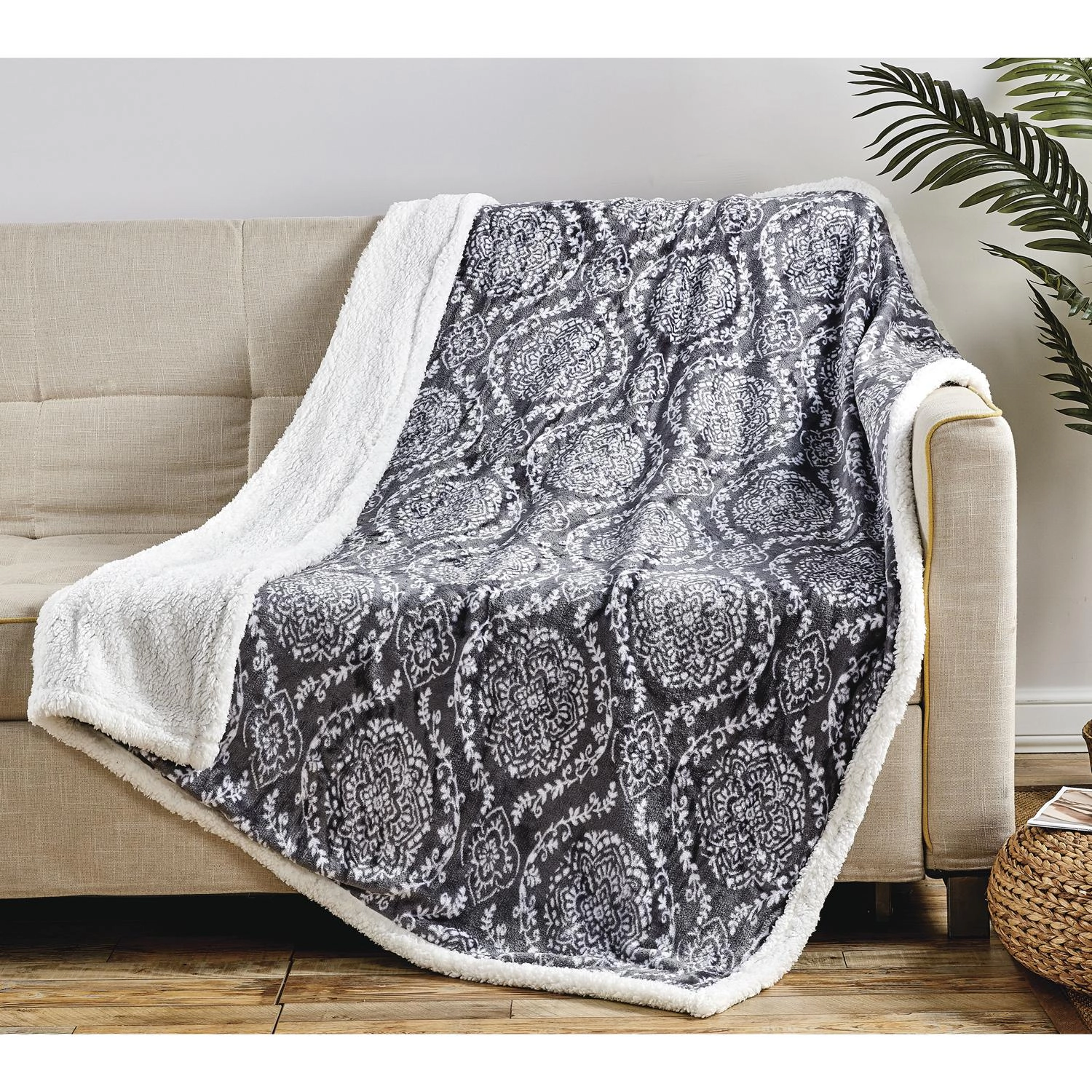 Plazatex Gracey with Sherpa Plush Decorative All Season Plum Throw Blanket 50" x 60" Grey