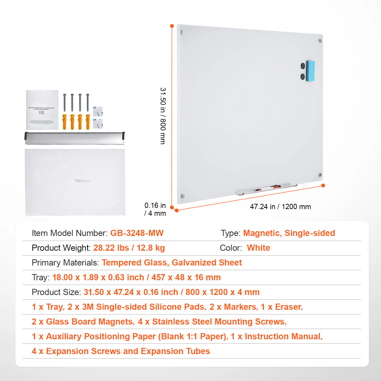 HONGGE Magnetic Glass Whiteboard Dry Erase Board Wall-Mounted Large White Glassboard Frameless with Marker Tray an