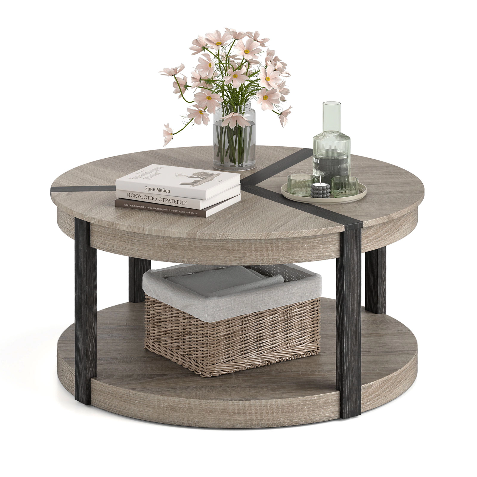 Glintex 2-Tier 34.5-Inch Round Coffee Table with Rubber Wood Frame, Gray