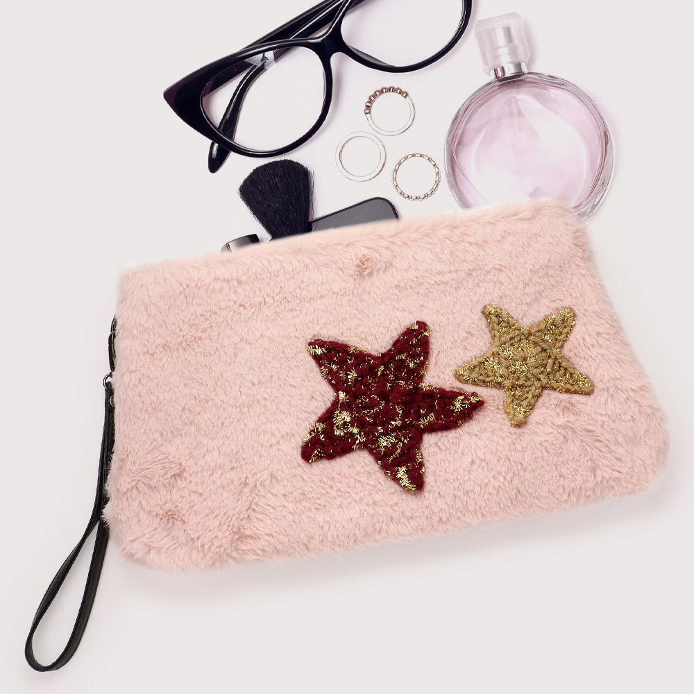 Fashnzfab Star Patches Fuzzy Faux Fur Wristlet Clutch Bag