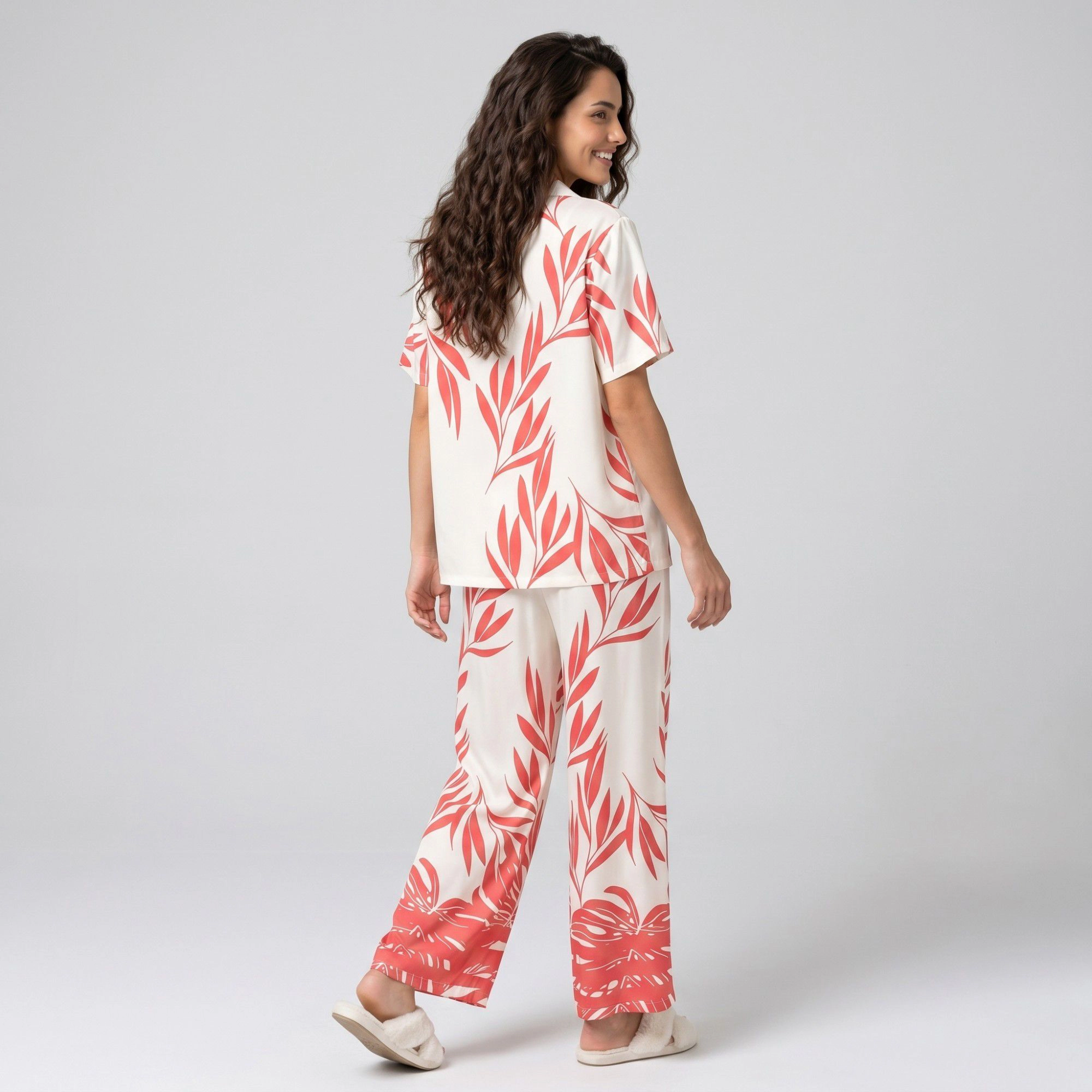 Anna-Kaci Women's 2-Piece Botanical Print Pajama Set with Short Sleeve Button Top and Wide Leg Pants