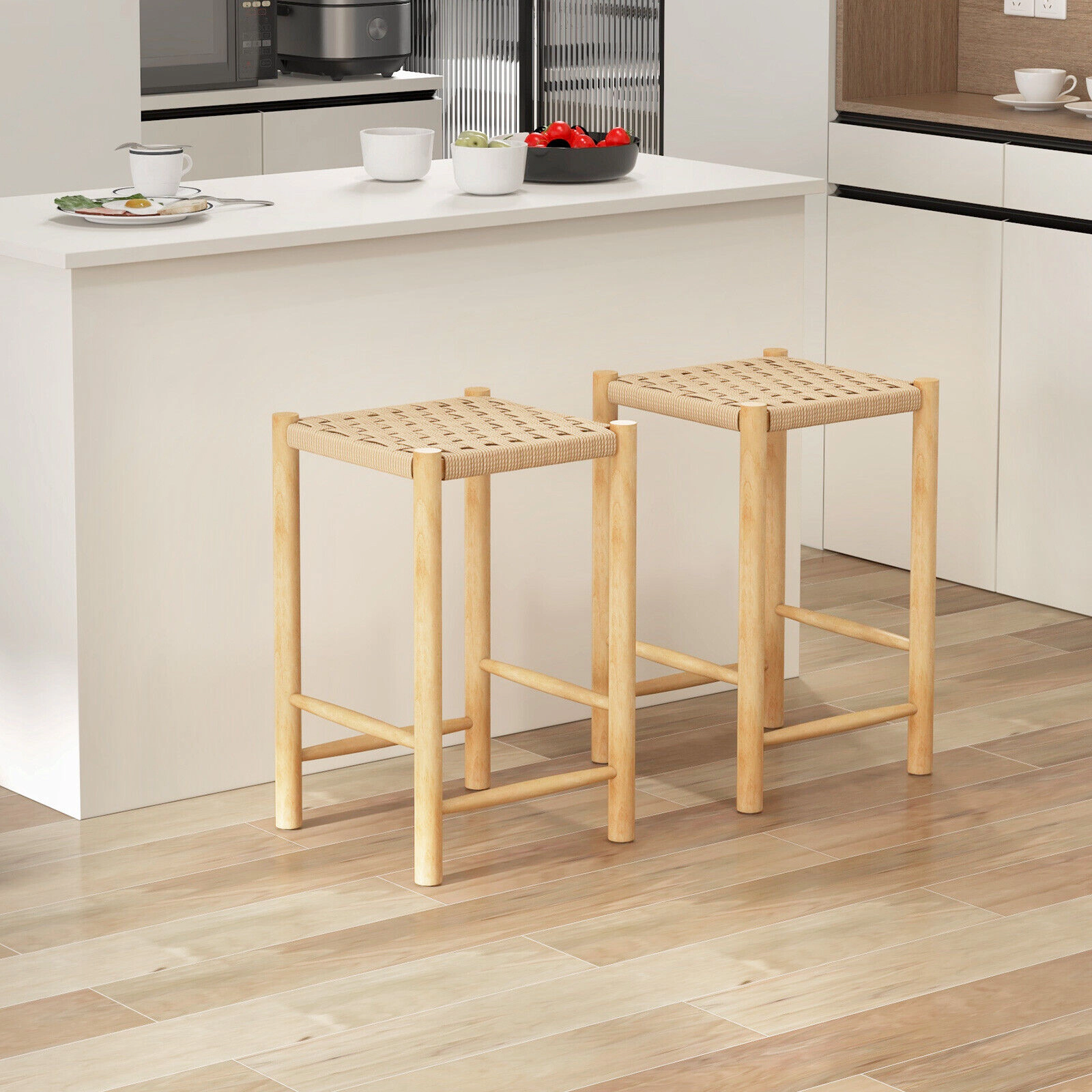 SUGIFT Woven Paper Rope Seat 330-lb Set of 2 Natural Rubber Wood Bar Stools