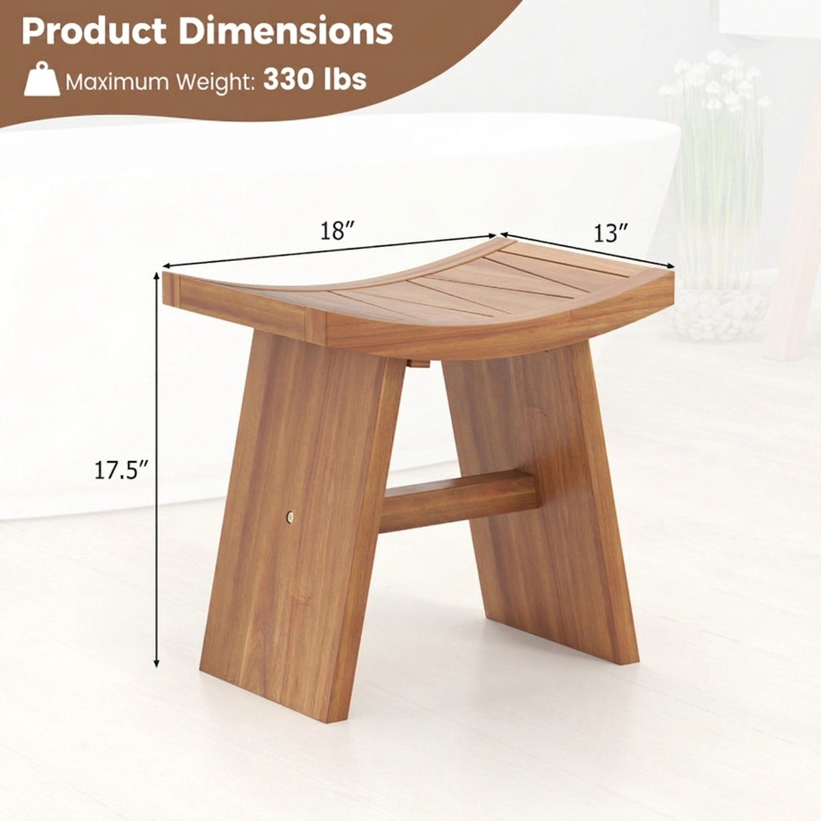 SUGIFT 18-Inch Teak Wood Shower Bench, Curved Seat, 350-Lb Capacity