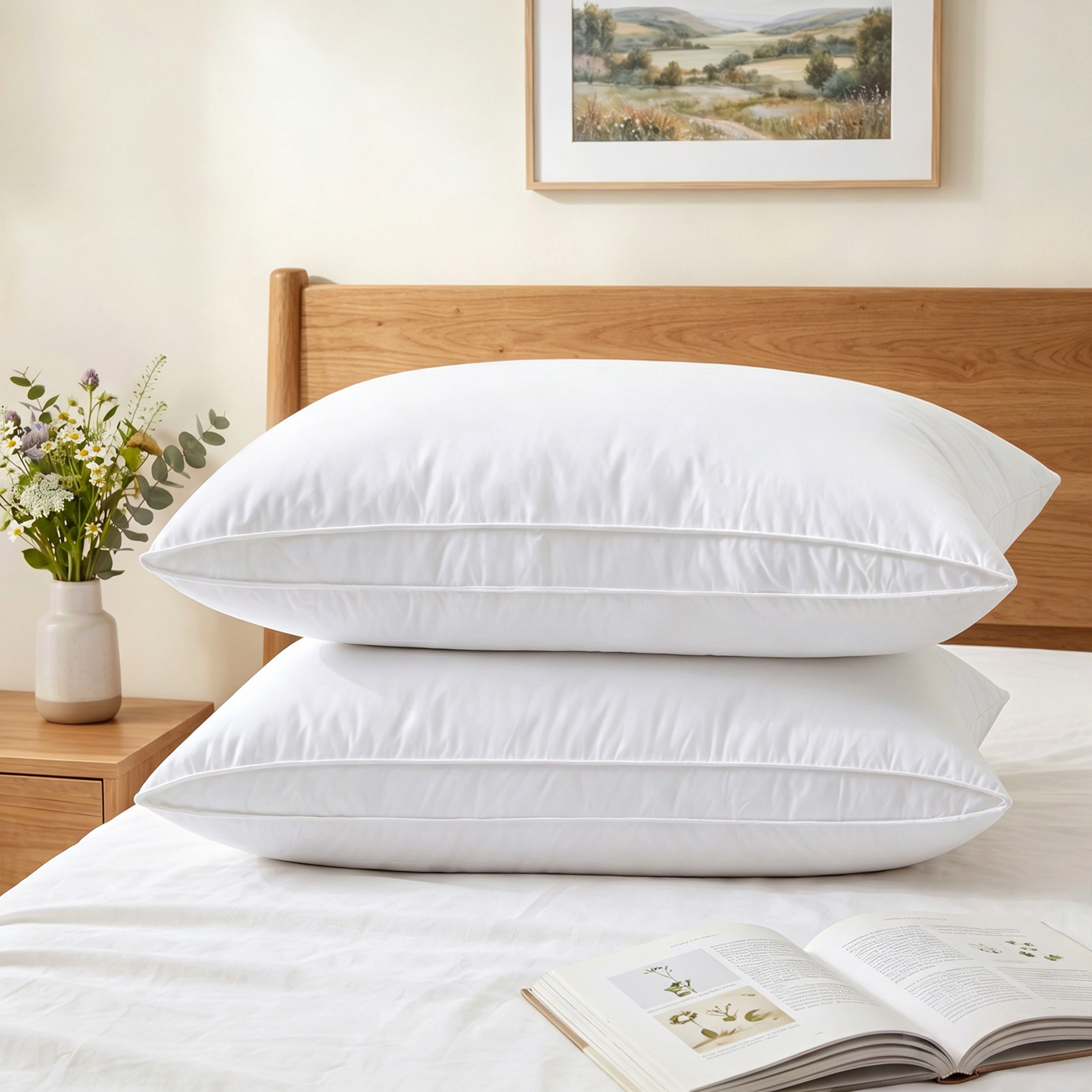 PEACENEST Luxury Goose Feather Gusseted Pillow Set of 2