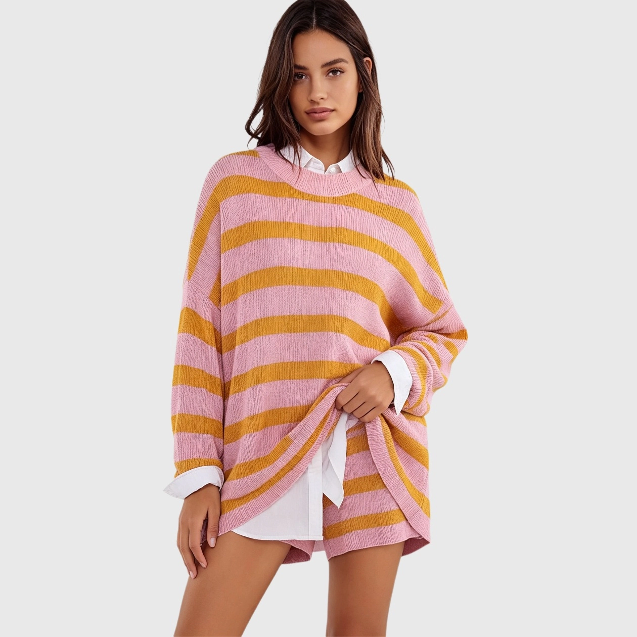 YesFashion Womens Oversized Striped Sweater Sets Matching Long Sleeve Top and Shorts Pajamas