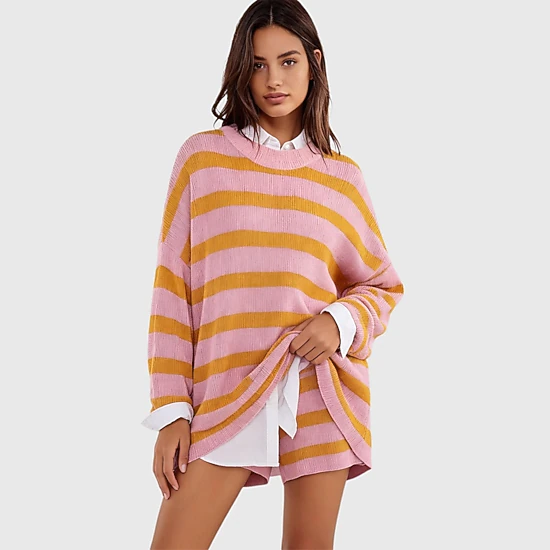 YesFashion Womens Oversized Striped Sweater Sets Matching Long Sleeve Top and Shorts Pajamas Sets