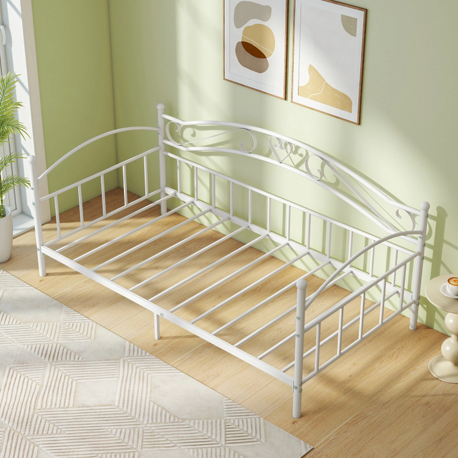SUGIFT Twin Size Scrollwork Headboard 12 Slats Metal Daybed Frame 78-in x 41.5-in x 34.5-in 485-lb Capacity White