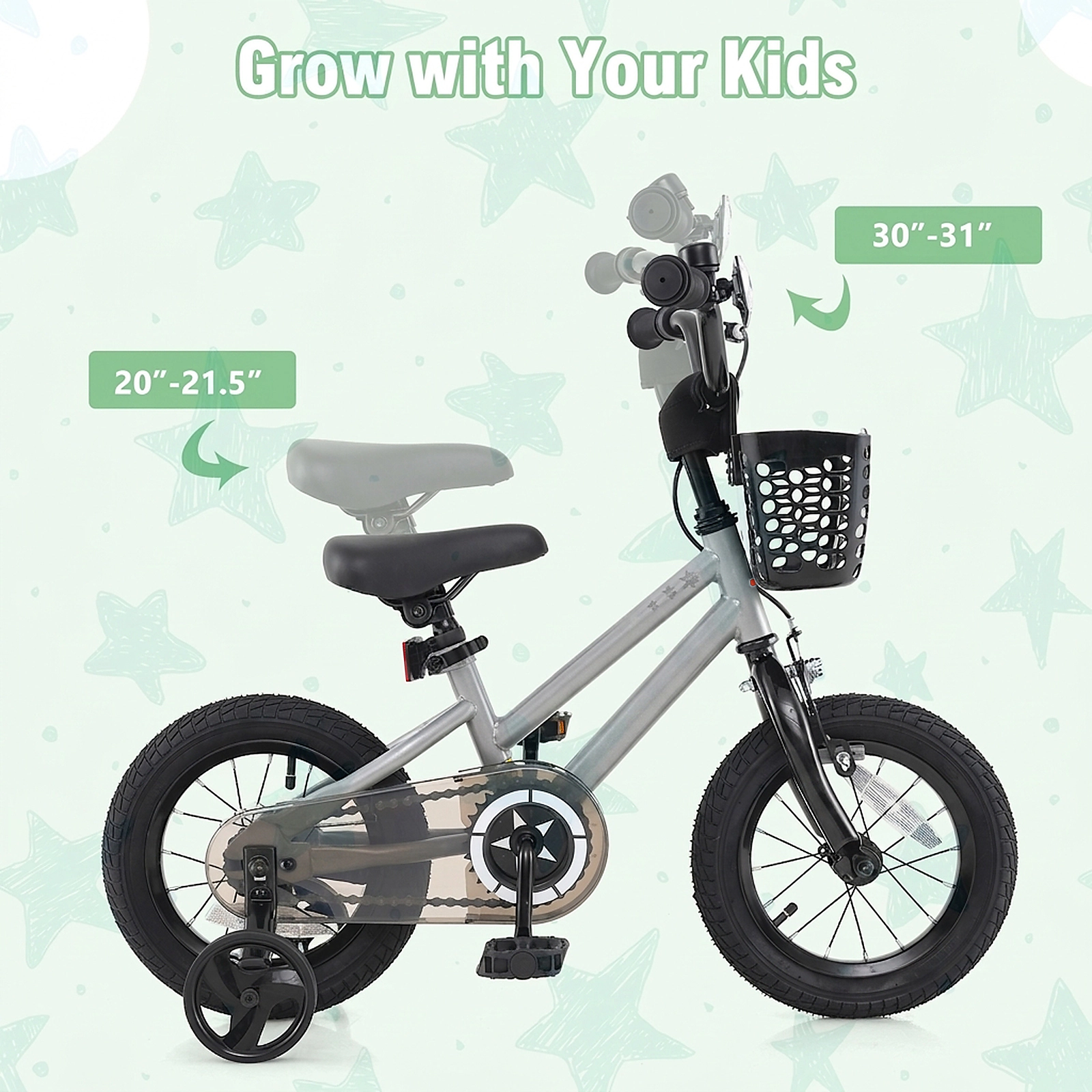 14-in Kids Bike with Transparent Chain Cover Removable Training Wheels Adjustable Seat and Dual Brakes Ages 4-5 Silver
