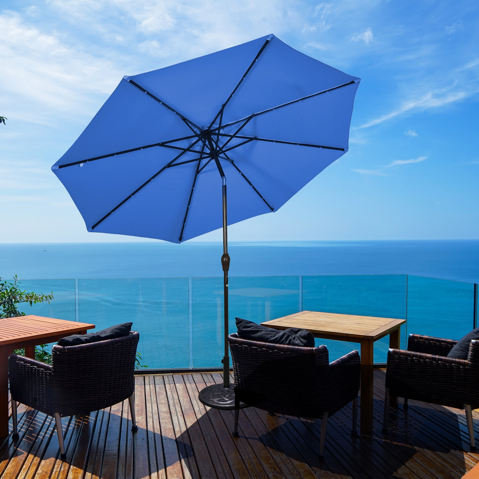 SUGIFT Blue Solar Patio Market Umbrella with Crank Lift Tilt Adjustment and 24 LED Lights 10-ft Dia 8.2-ft H