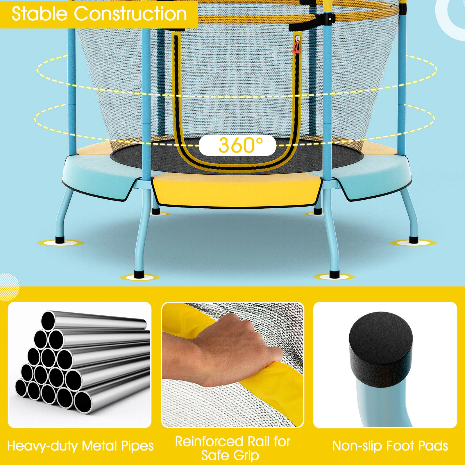 SUGIFT Toddler Yellow 48-in Trampoline with Safety Enclosure Net 52-in Dia 55.5-in H 265-lb Jumper Capacity