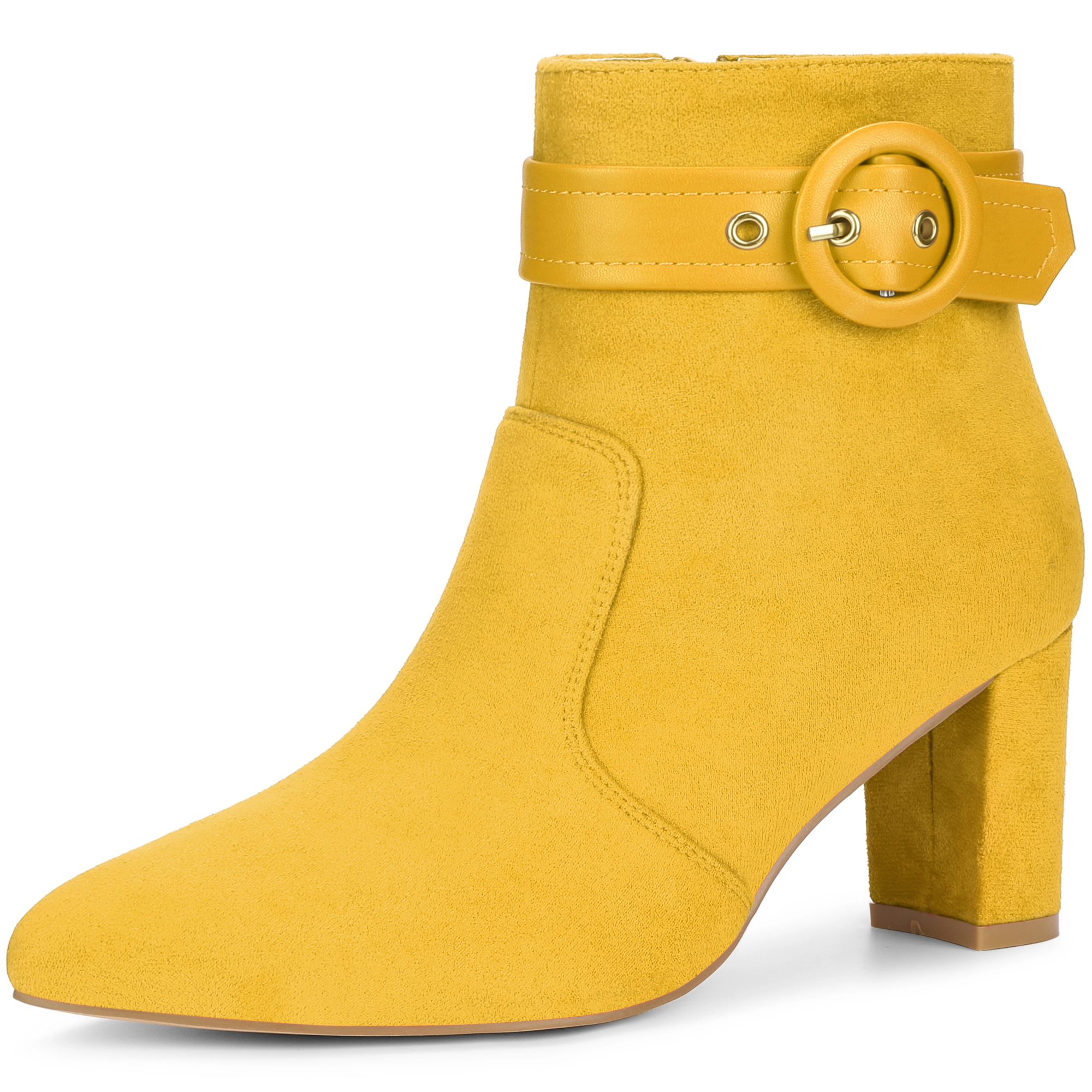BLISSFUL STEP Women Chunky Heel Pointed Toe Ankle Boots with Buckle Strap