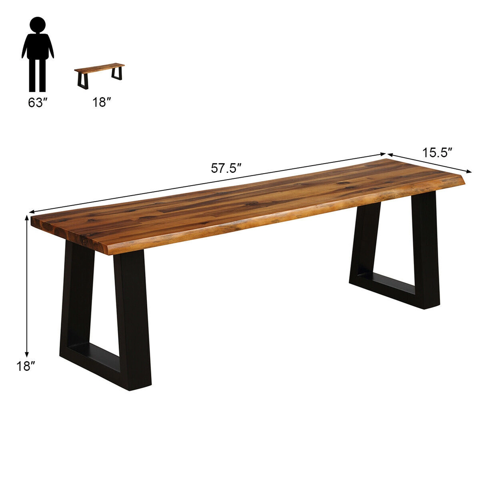 SUGIFT 57.5 in Acacia Wood Patio Bench Backless Dining Bench with Trapezium Metal Legs