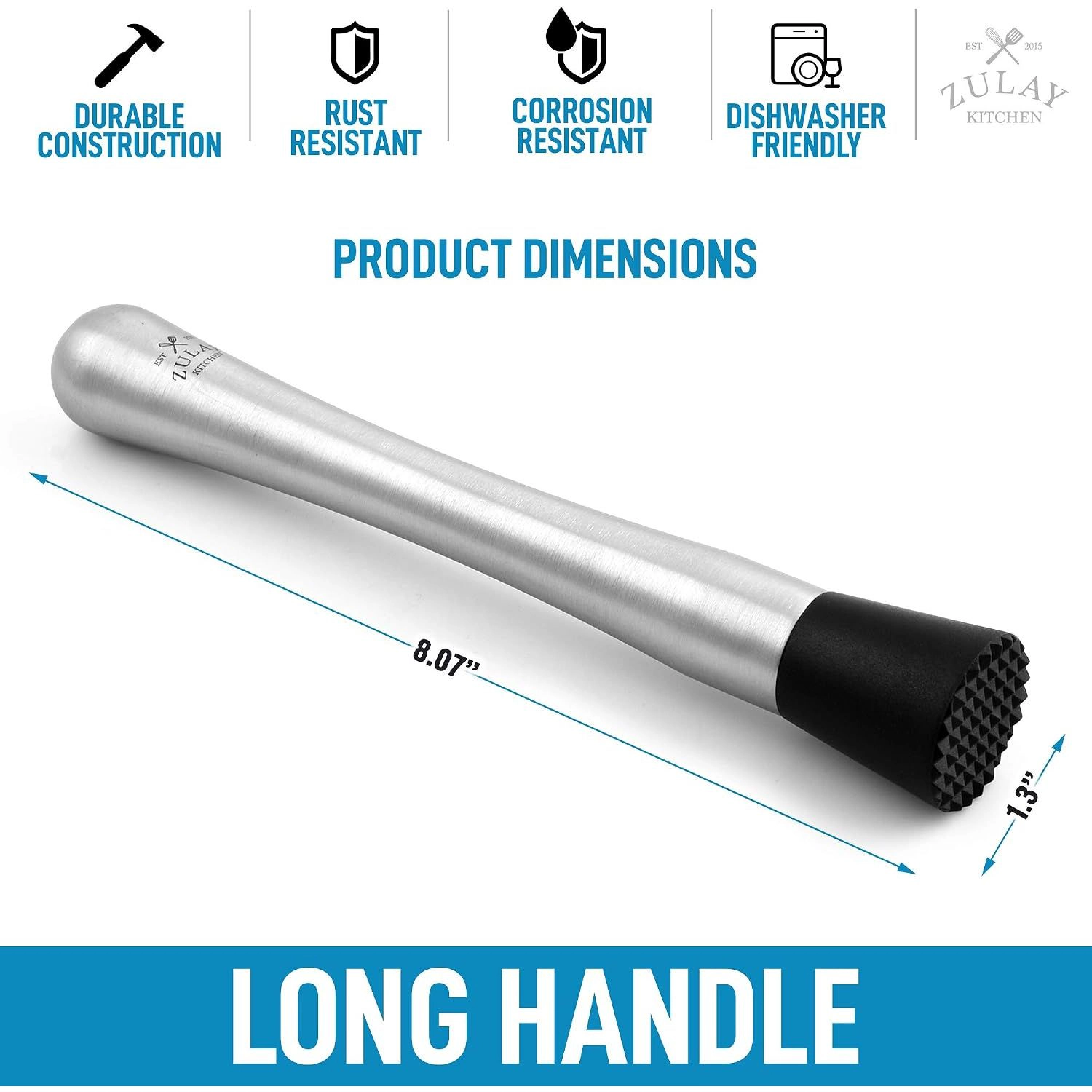 Zulay Kitchen (8 inch) Stainless Steel Muddler for Cocktails - Professional Cocktail Muddler with Grooved Nylon Head