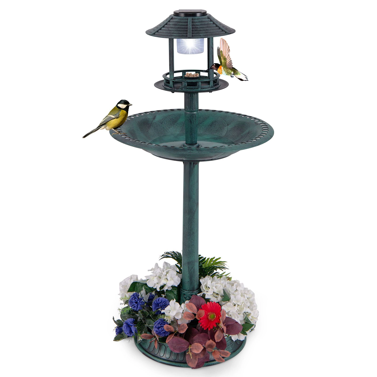 SlickBlue 3-in-1 Outdoor Bird Bath with LED Light, Flower Planter and Seed Bowl