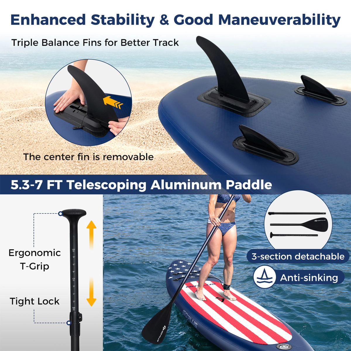 SUGIFT 10-ft 300-lb Capacity Inflatable Paddle Board with Removable Fin 3-Section Aluminum Paddle and Backpack